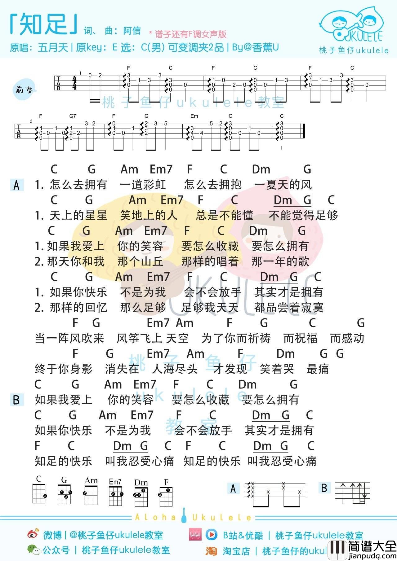 知足尤克里里谱_五月天/林俊杰_弹唱_指弹教学