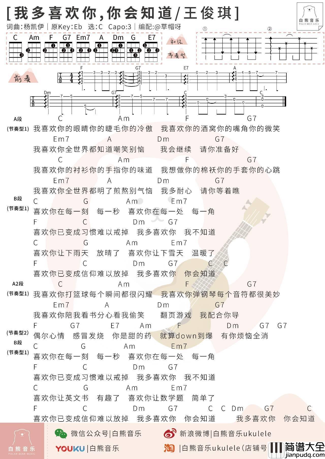 我多喜欢你你会知道尤克里里谱__王俊琪_弹唱演示教学