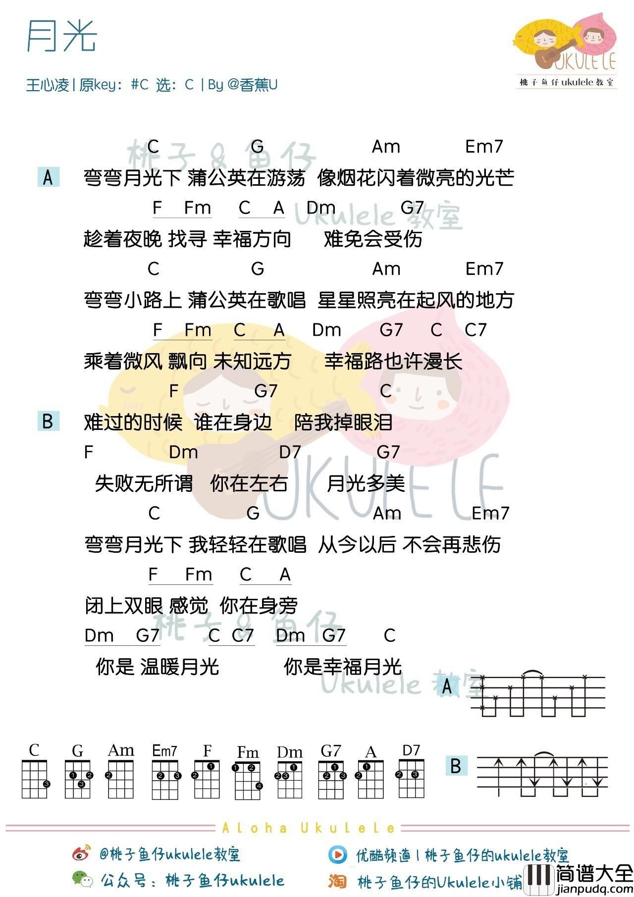 月光尤克里里谱_王心凌_弹唱_指弹教学