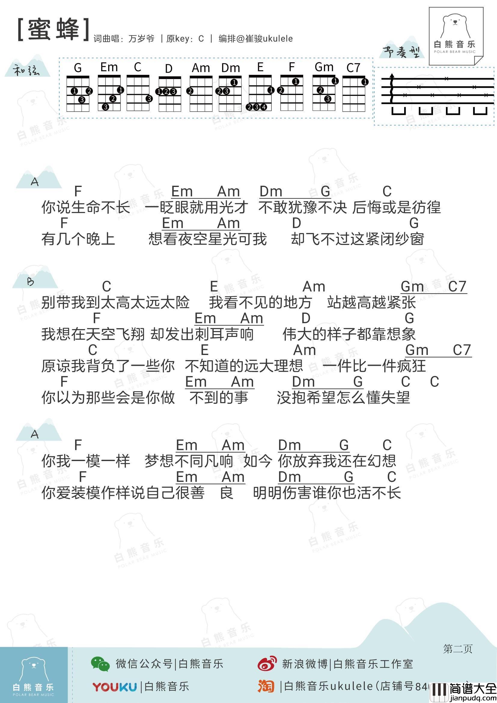 蜜蜂Demo尤克里里谱万岁爷_弹唱教学