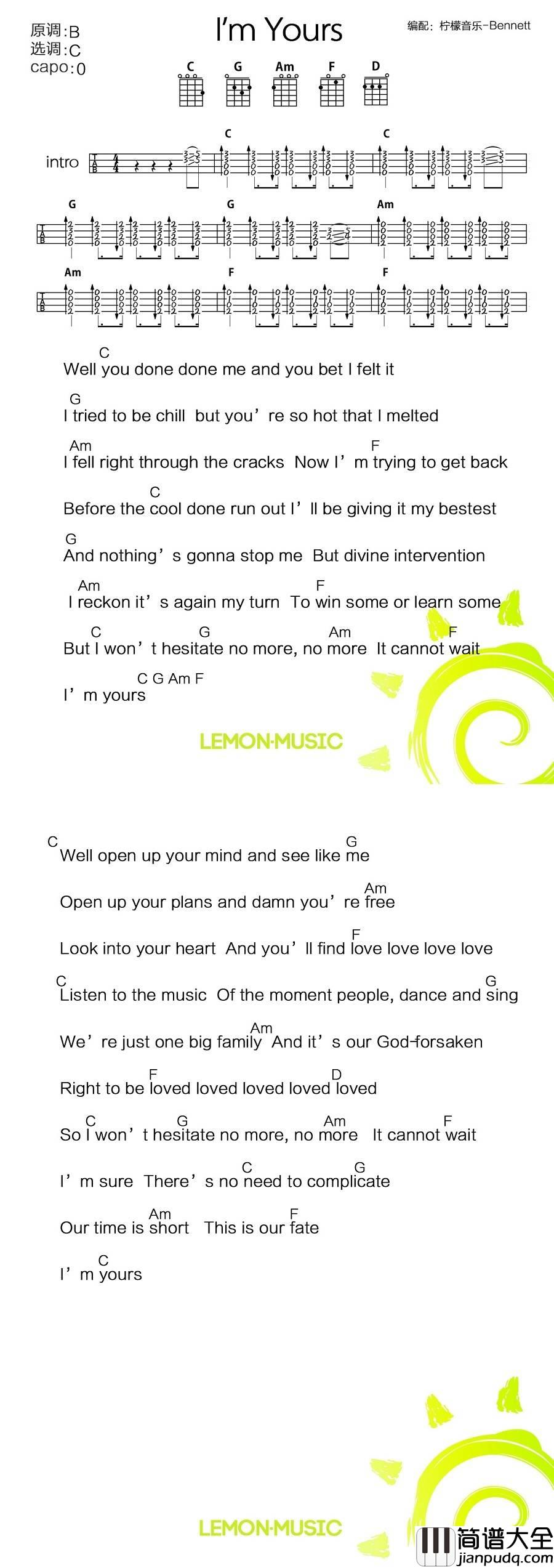 I'm_yours尤克里里谱_尤克里里弹唱教学