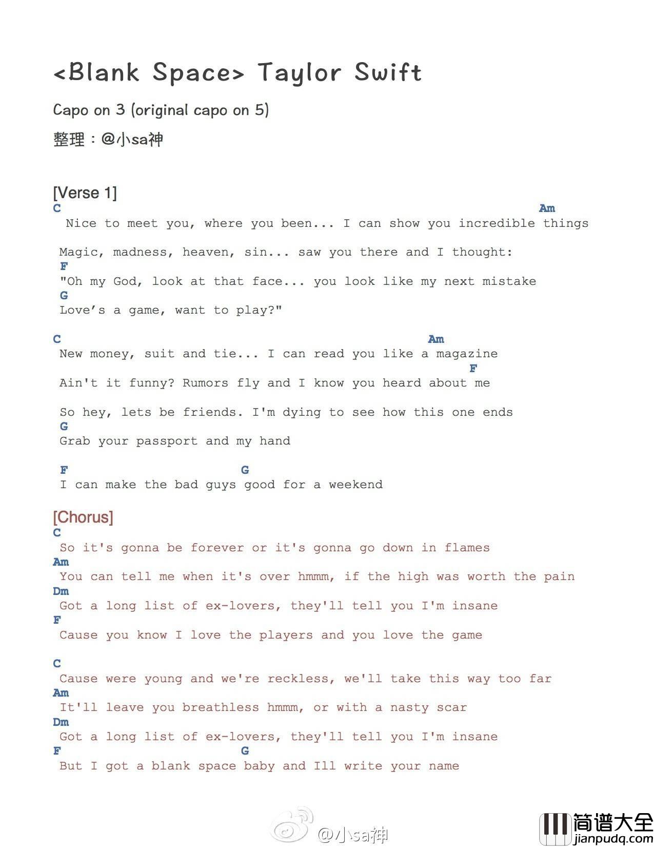 Blank_Space尤克里里谱_BY小Sa_尤克里里弹唱