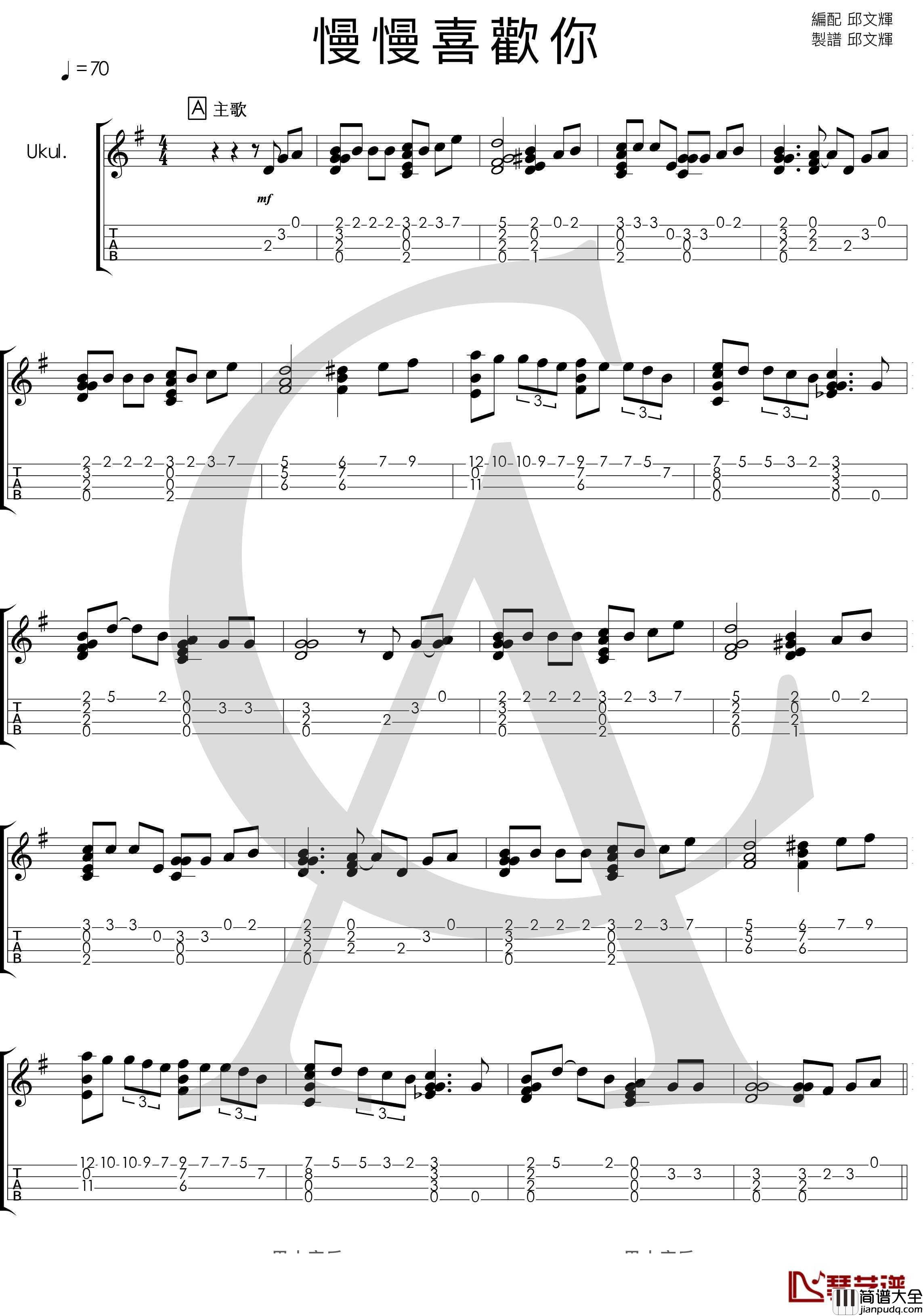 莫文蔚_慢慢喜欢你_尤克里里指弹曲谱