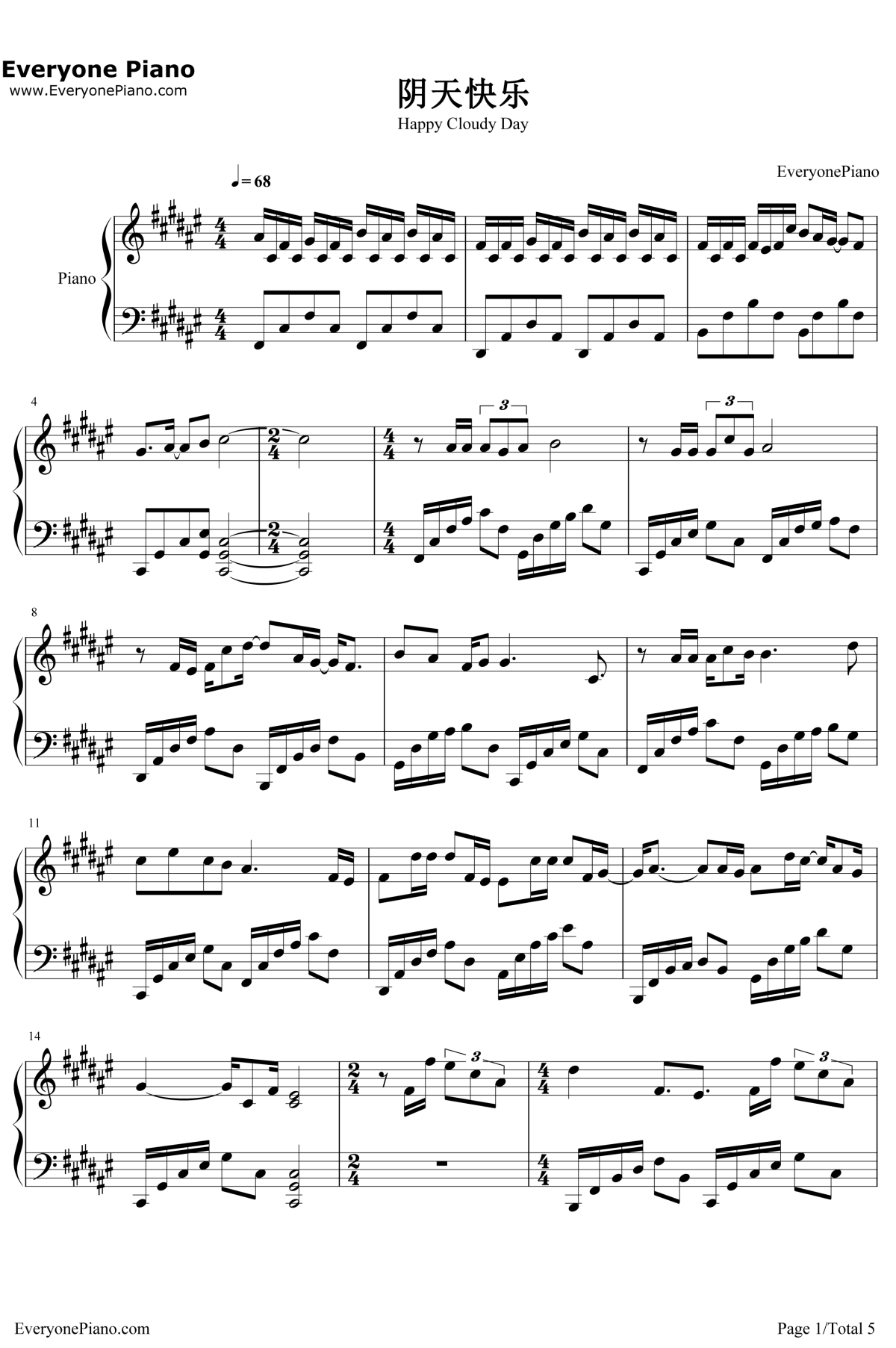 阴天快乐钢琴谱1-陈奕迅