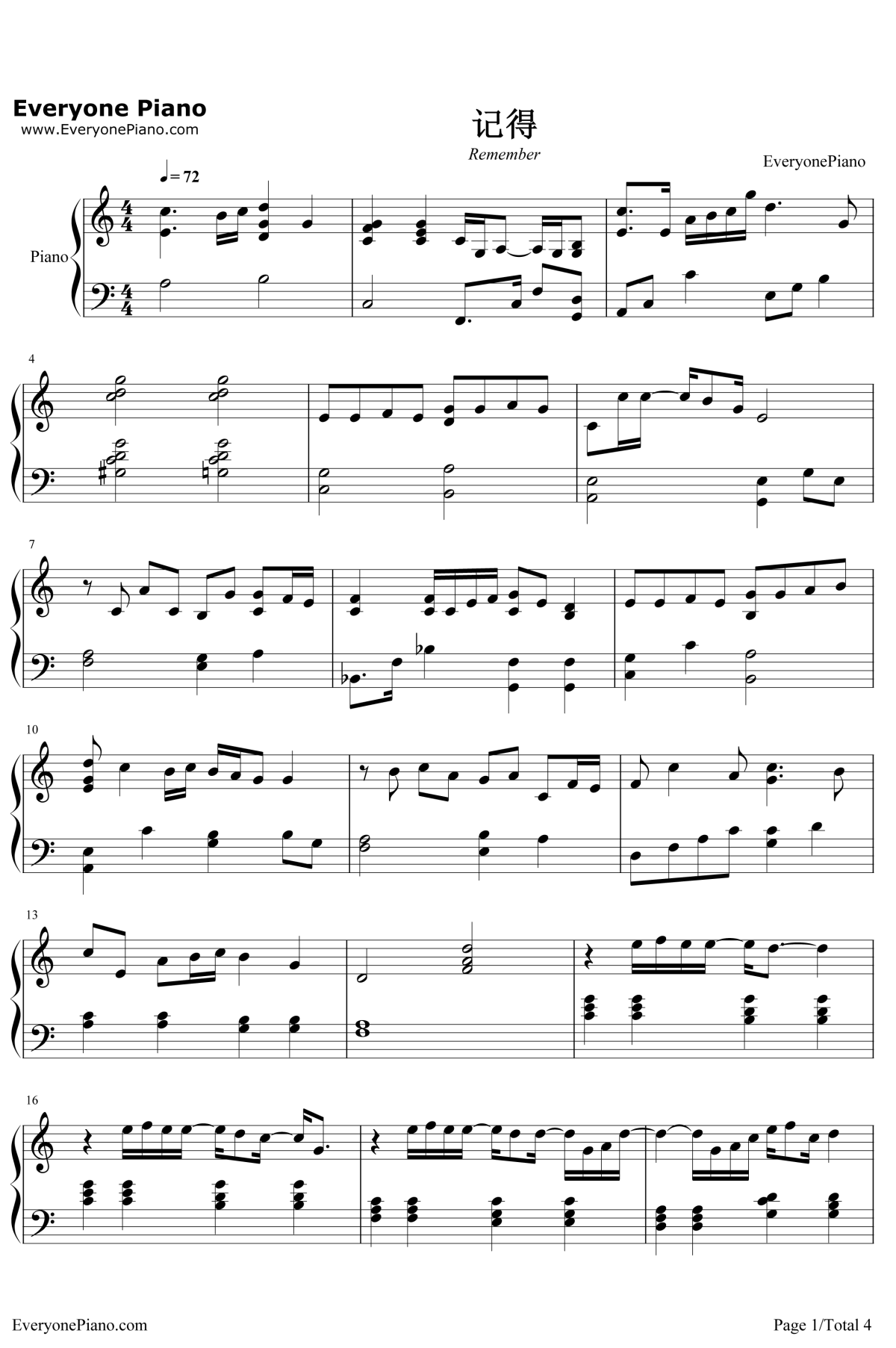 记得钢琴谱1-张惠妹