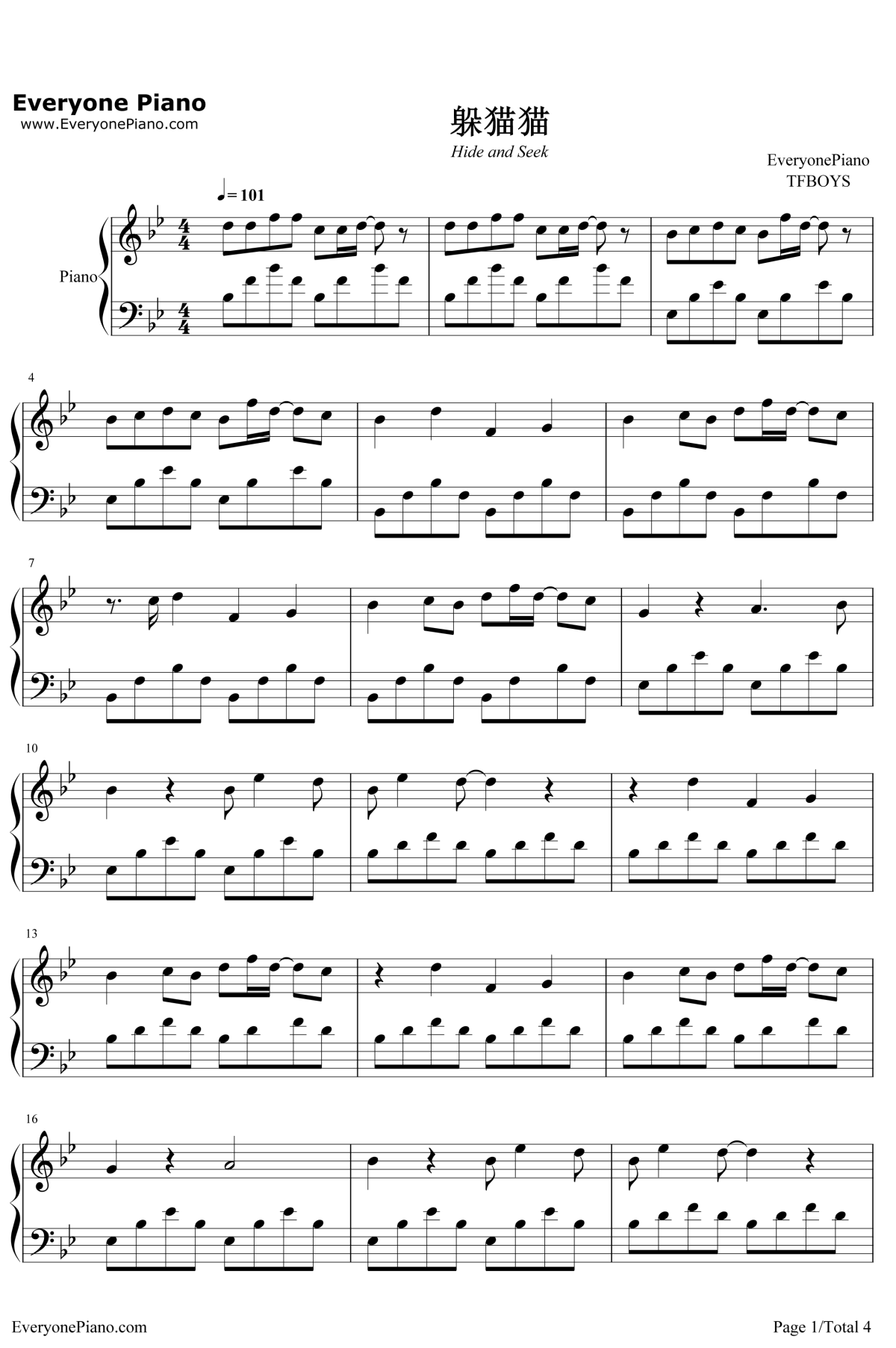 躲猫猫钢琴谱1-TFBOYS