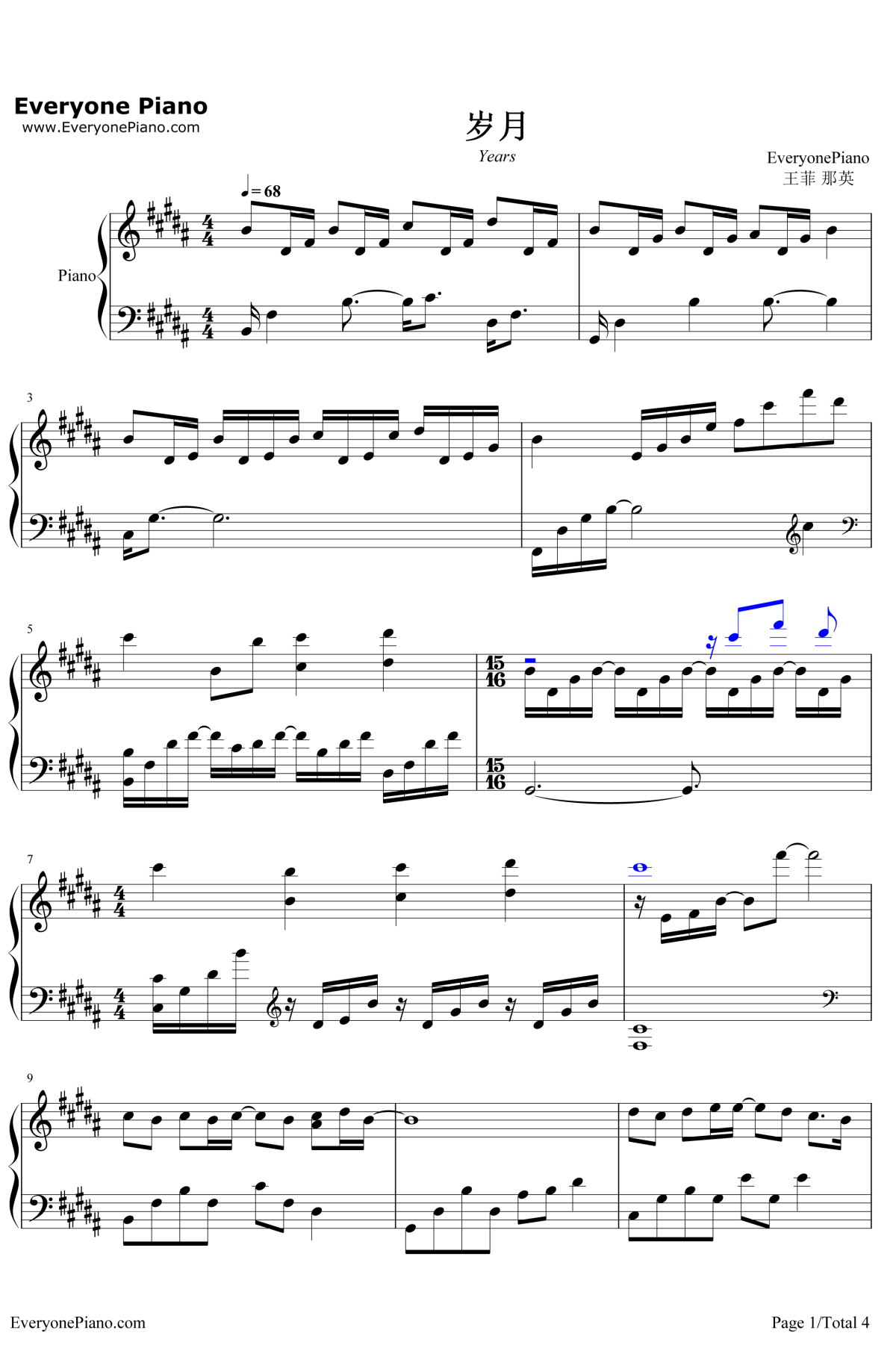 岁月钢琴谱1-王菲