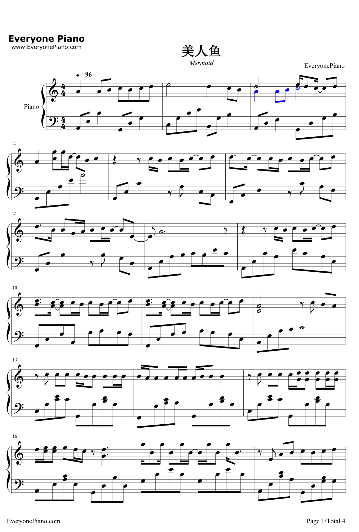 美人鱼钢琴谱1
