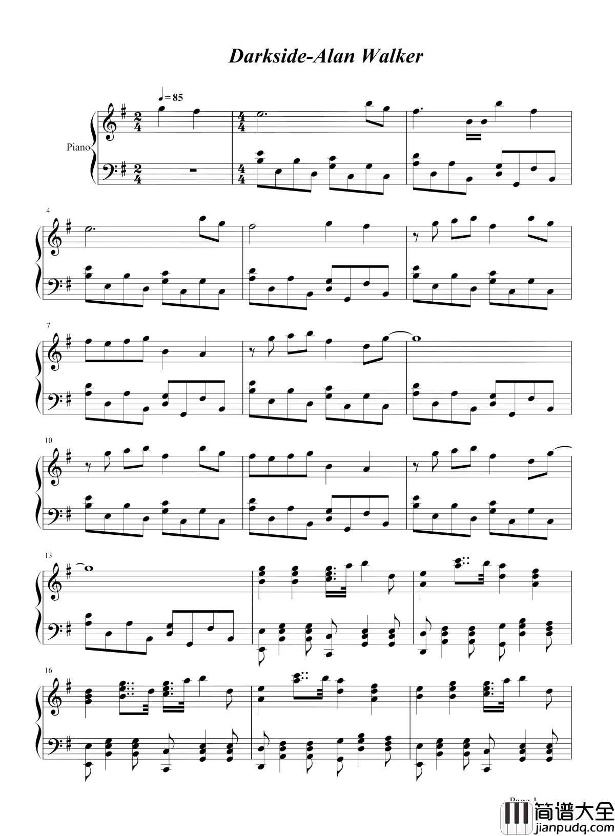 Darkside钢琴谱_Alan_Walker_纵身坠落进那无边黑暗