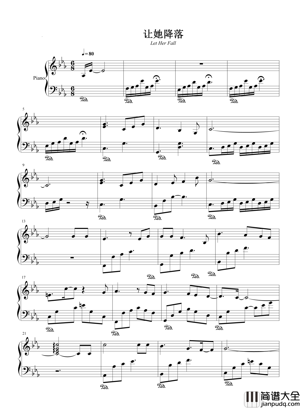 让她降落钢琴谱_何璐_如果你能让她降落_天空如自由无尽头