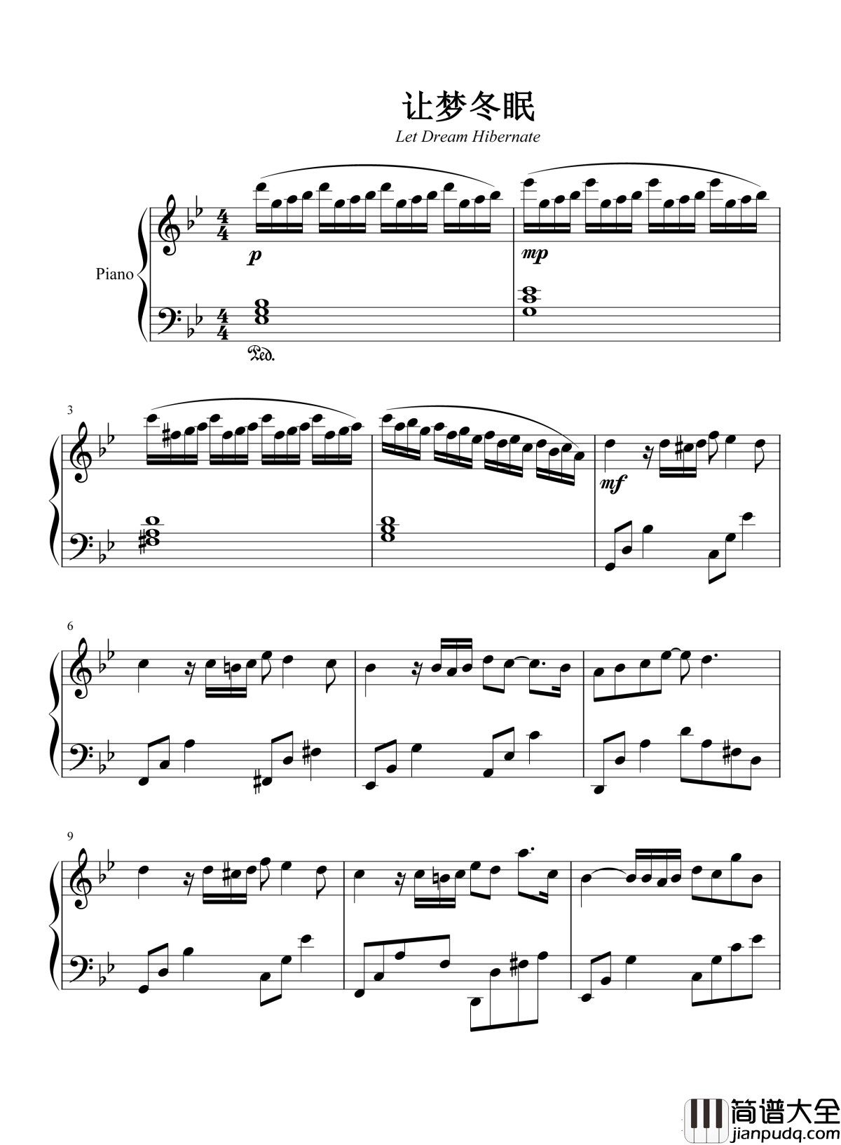 让梦冬眠钢琴谱_孙楠_再回头爱已走远