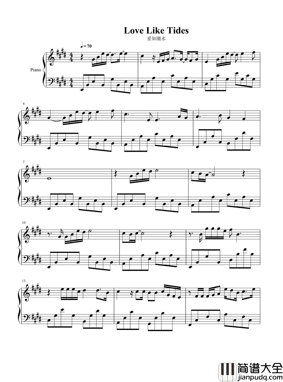 爱如潮水钢琴谱_张信哲｜爱如潮水，将我向你推，永不停息