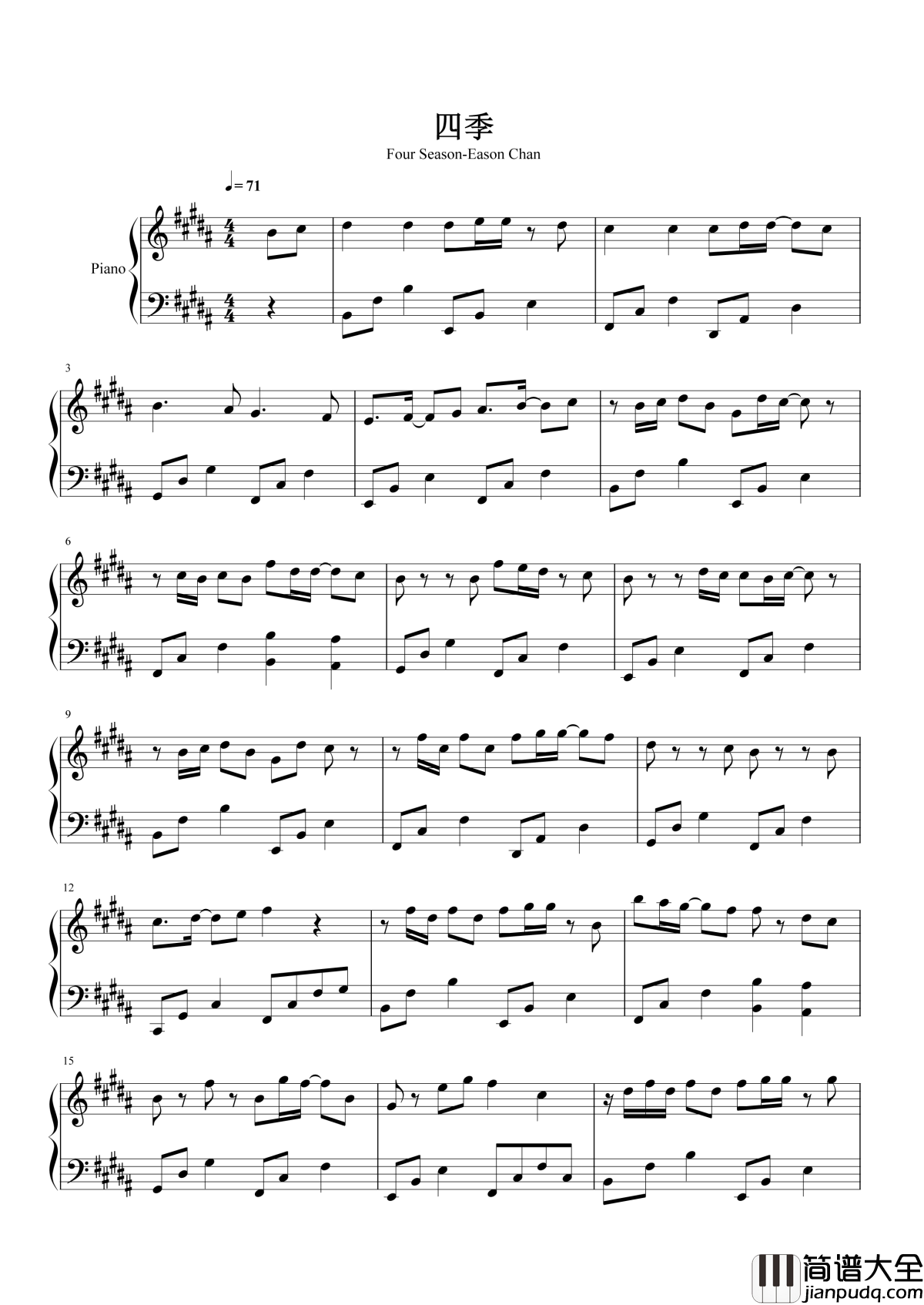 四季钢琴谱_陈奕迅_来自春夏秋冬的灵感，演绎平淡四季中的不平凡