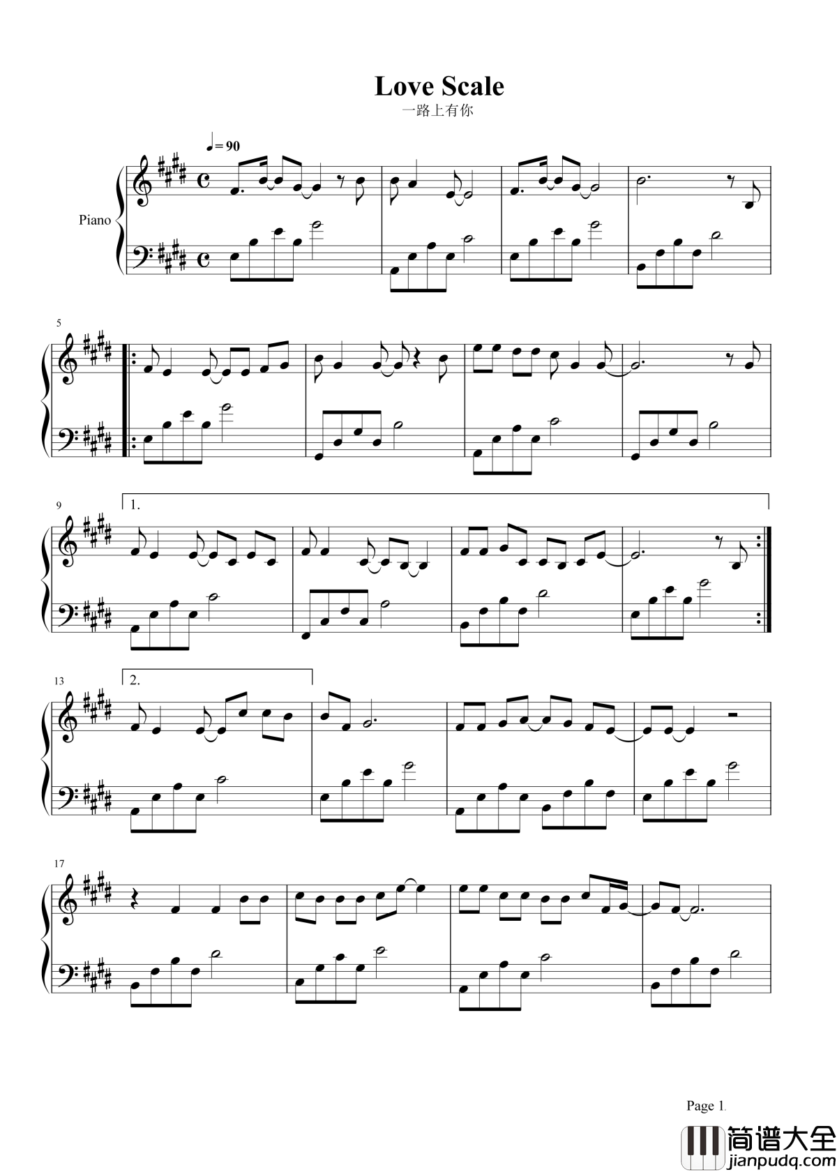 一路上有你钢琴谱_张学友_苦一点也愿意