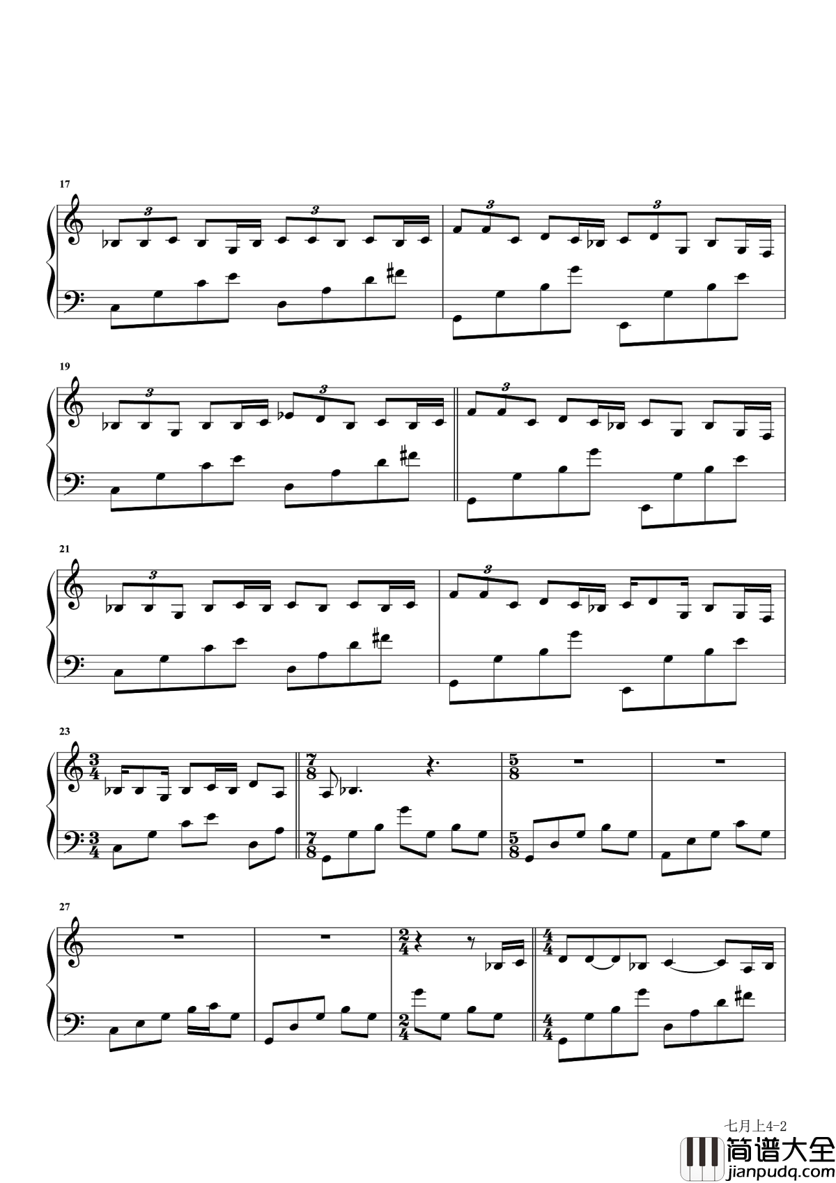 七月上钢琴谱_Jam_嘿我在走向你，走向你的七月