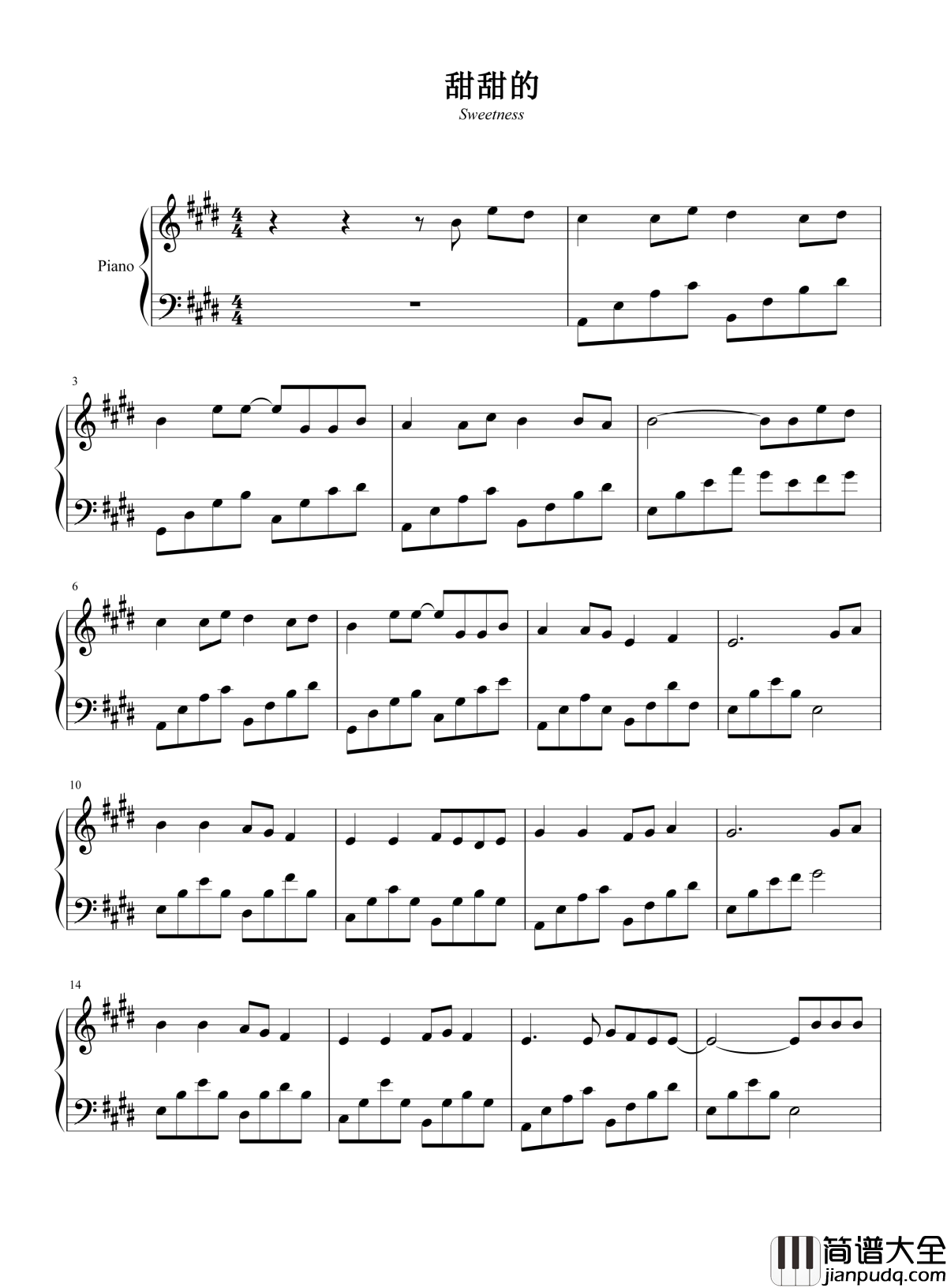 甜甜的钢琴谱_周杰伦_时间会证明我有多么爱你