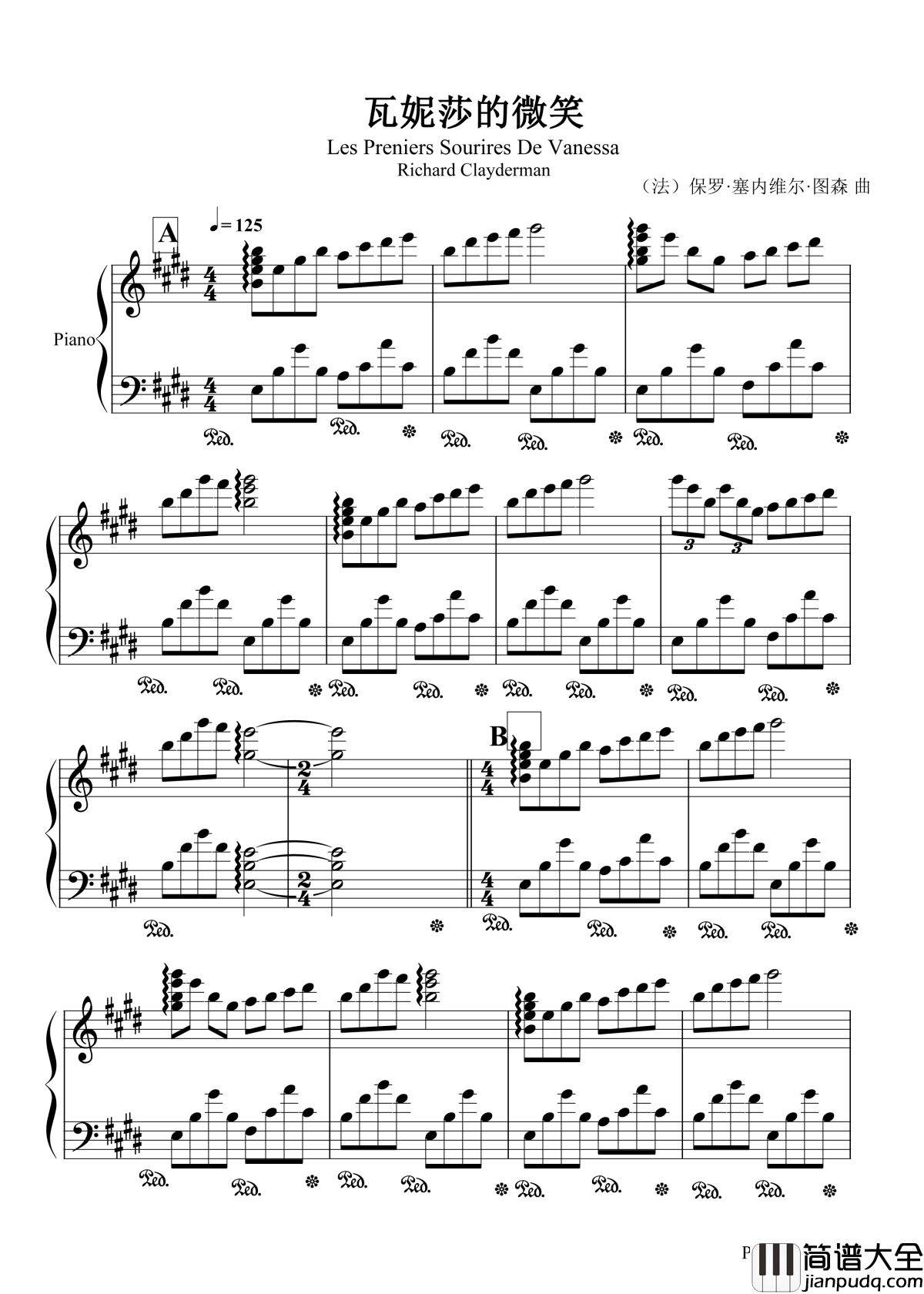 瓦妮莎的微笑钢琴谱_理查德·克莱德曼_每一个音符都像是在愉快的跳