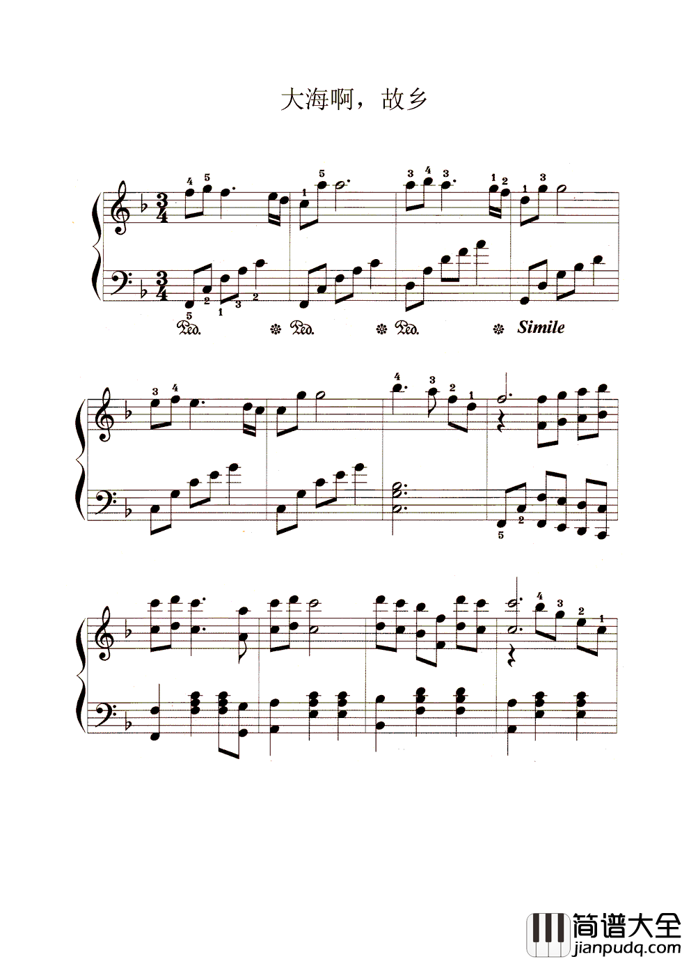 大海啊故乡钢琴谱_王立平_每次听完都会勾起童年的回忆