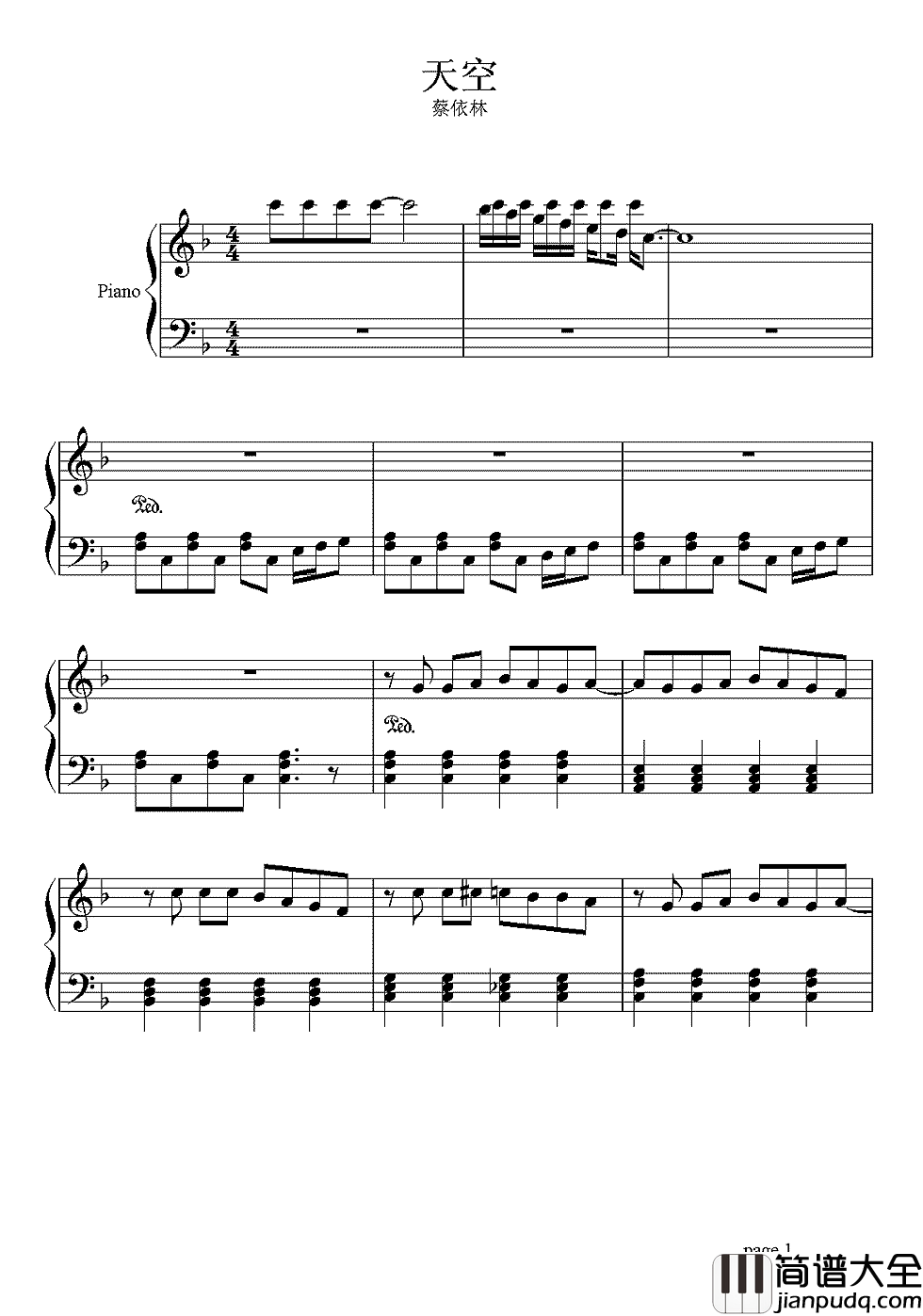 天空钢琴谱_蔡依林_再多听一秒就会窒息~