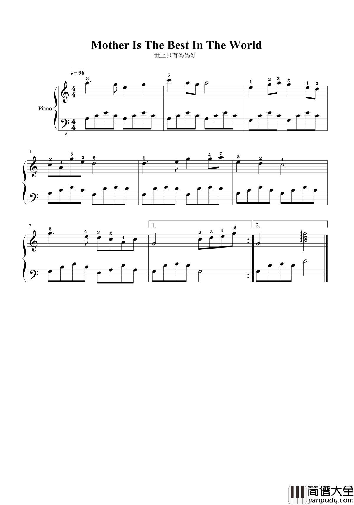 世上只有妈妈好钢琴谱_你知道歌曲世上只有妈妈好背后的故事么