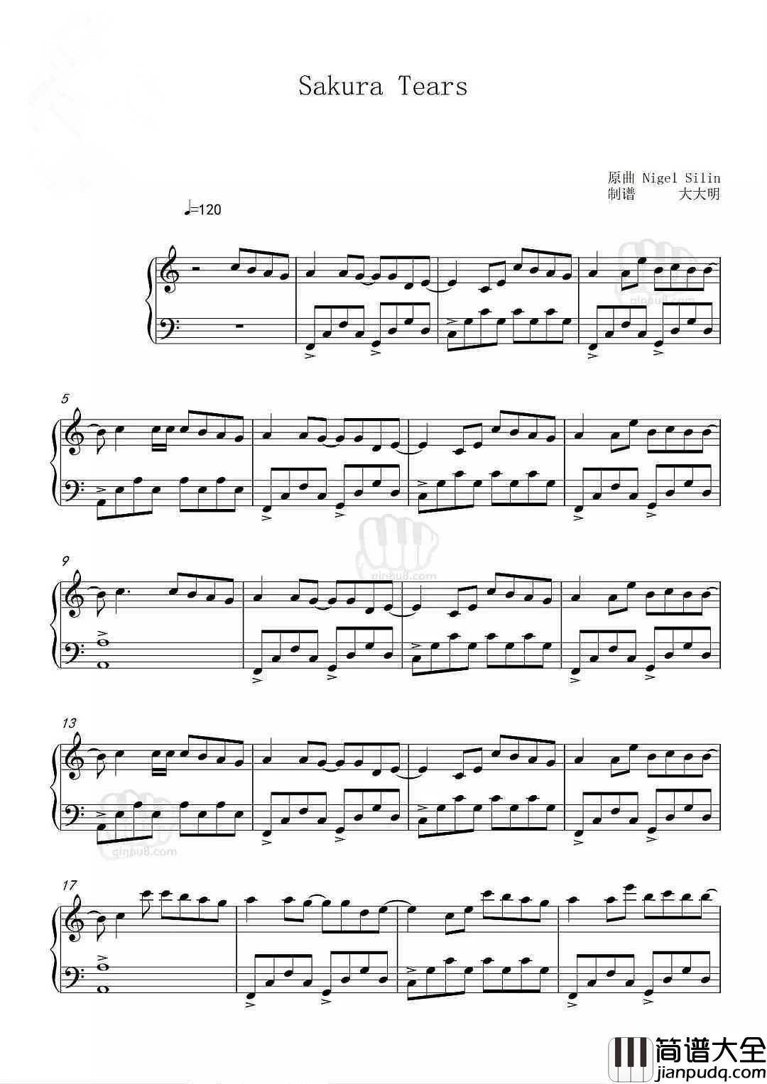 Sakura_Tears_樱花泪钢琴谱_花开陌上新雨后，一壶清音煮青愁