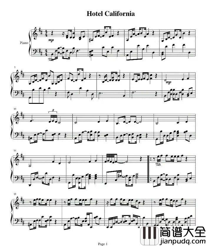 老鹰乐队_加州旅馆_钢琴谱