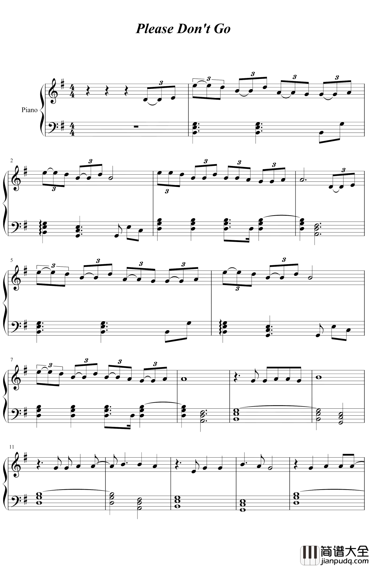 please_don't_go钢琴谱_joel_adams_请不要走不要离开