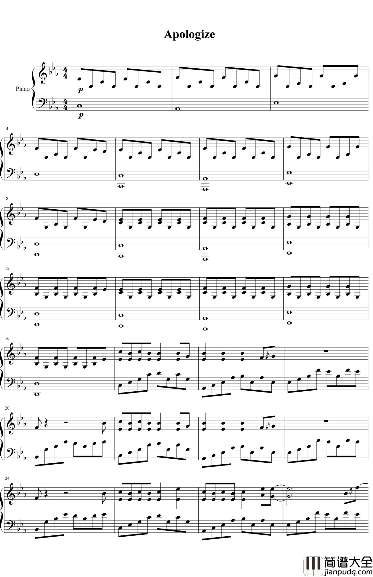 Apologize钢琴谱_OneRepublic_亲爱的，让我抓住你思绪，心向你飞驰