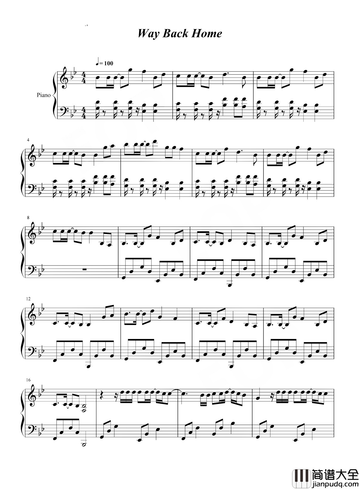 way_back_home钢琴谱_SHAUN_键盘的敲击声_伴奏的鼓点声
