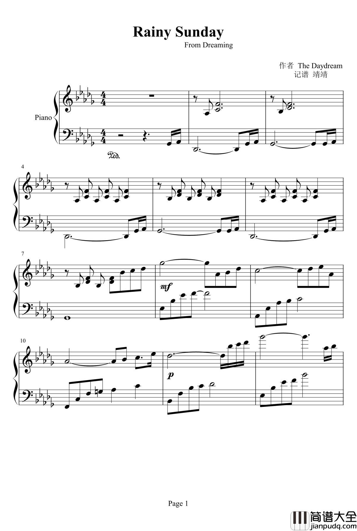 Rainy_Sunday钢琴谱_天国的邮递员