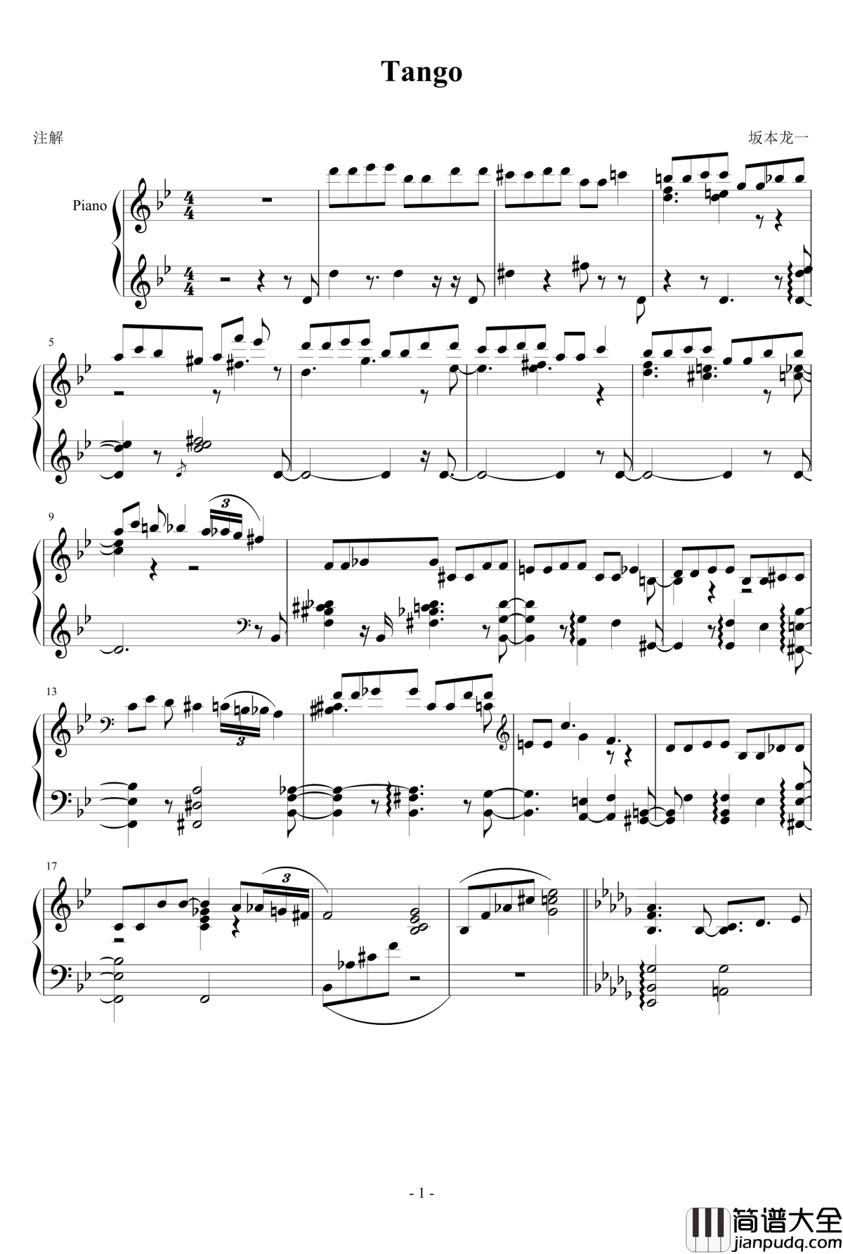 Tango钢琴谱_坂本龙