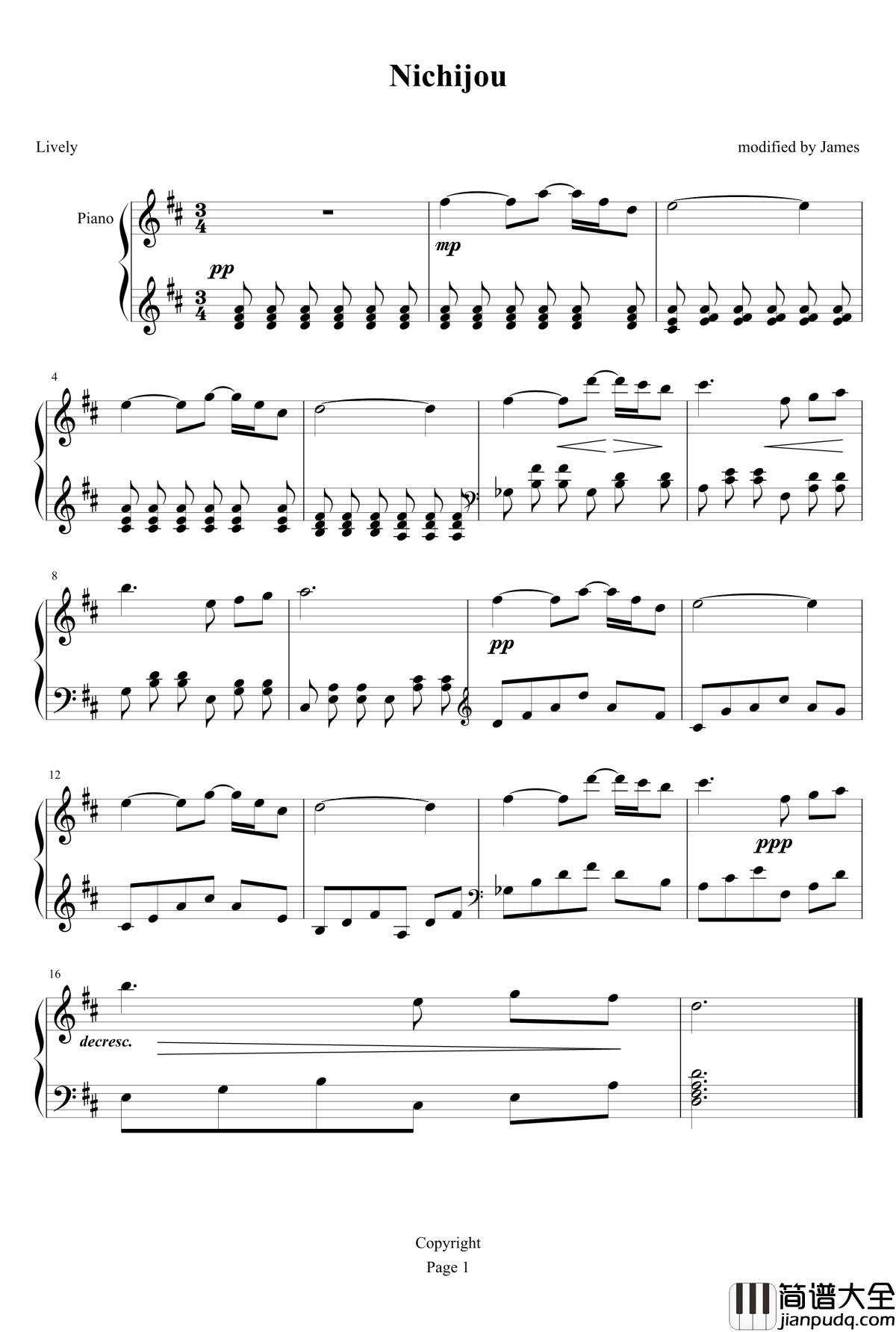 Nichijou钢琴谱_插曲_James_Qi_日常