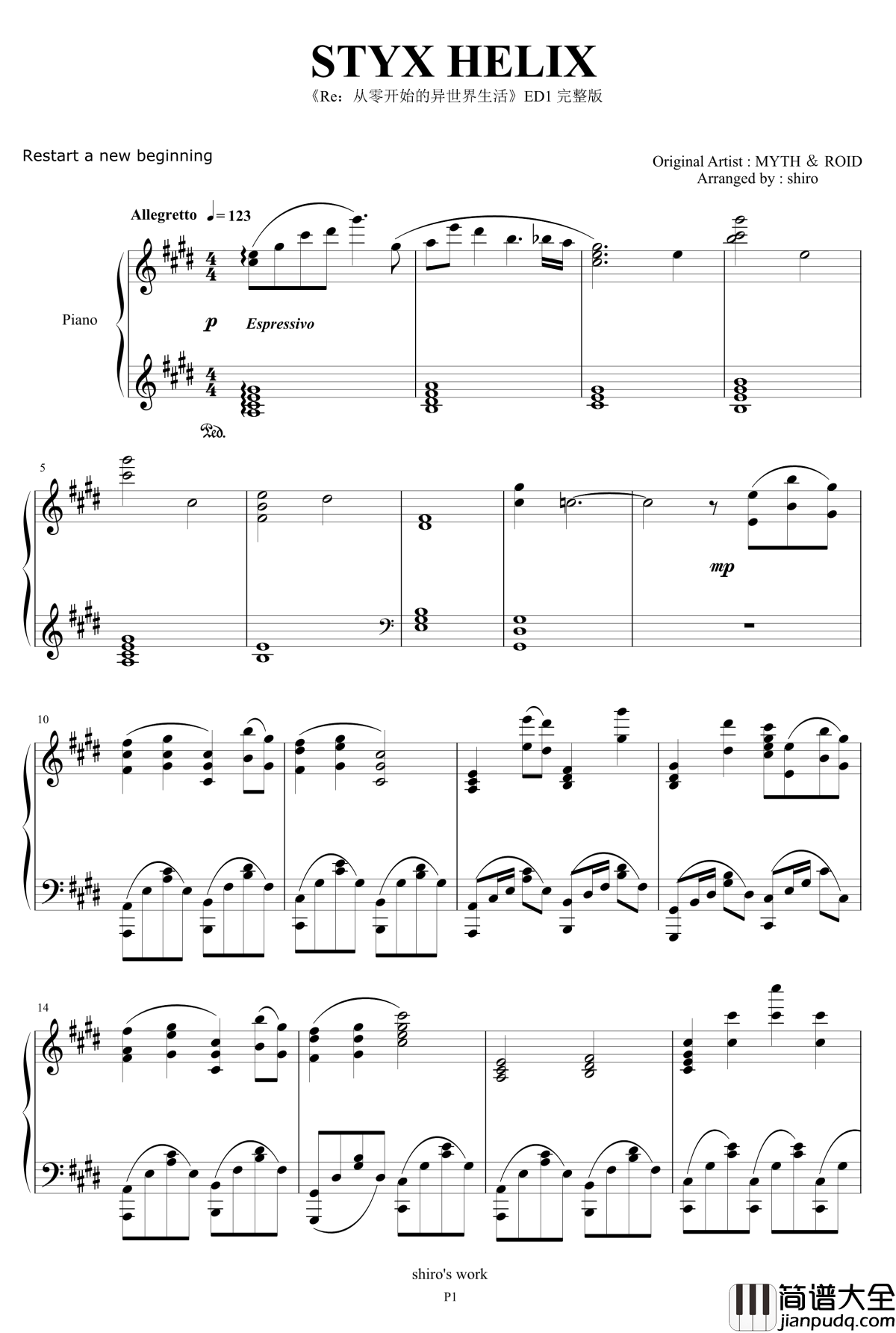 STYX_HELIX钢琴谱_Re从零开始的异世界生活完整版ED1