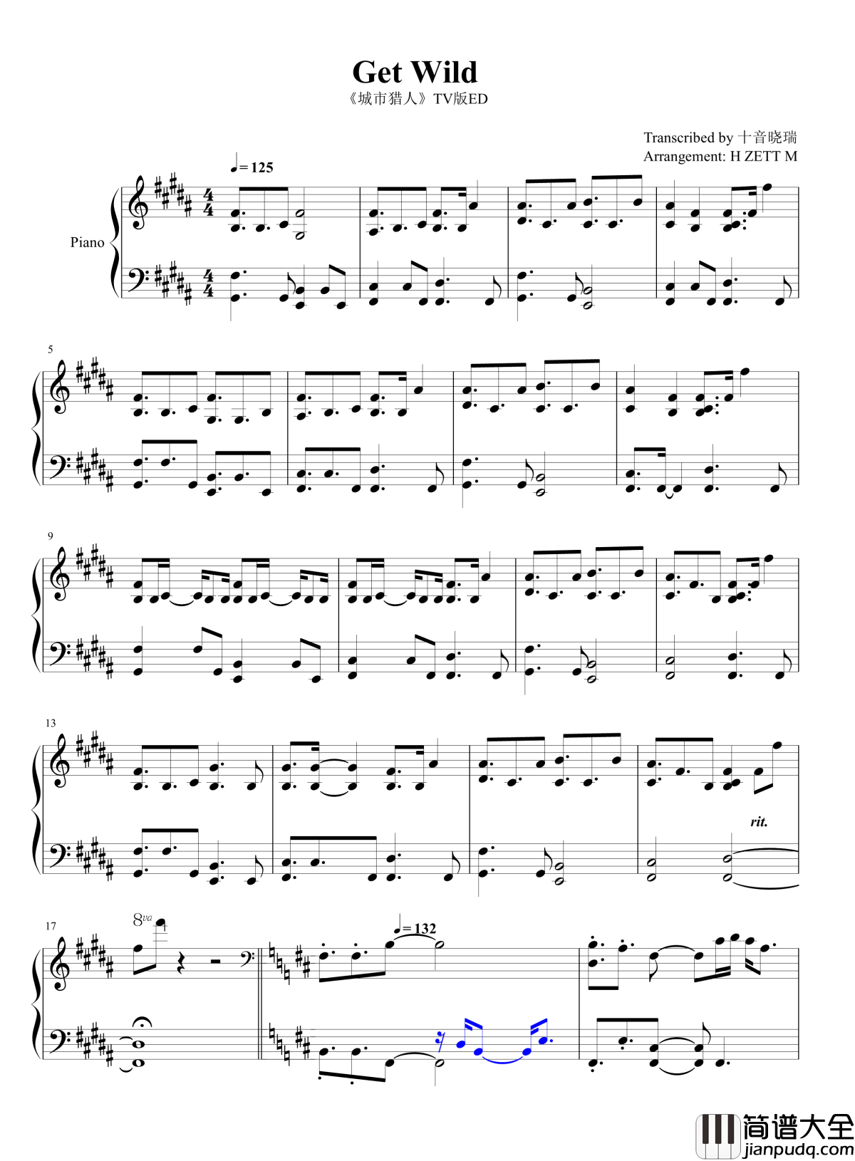 Get_wild钢琴谱_蓝鼻子