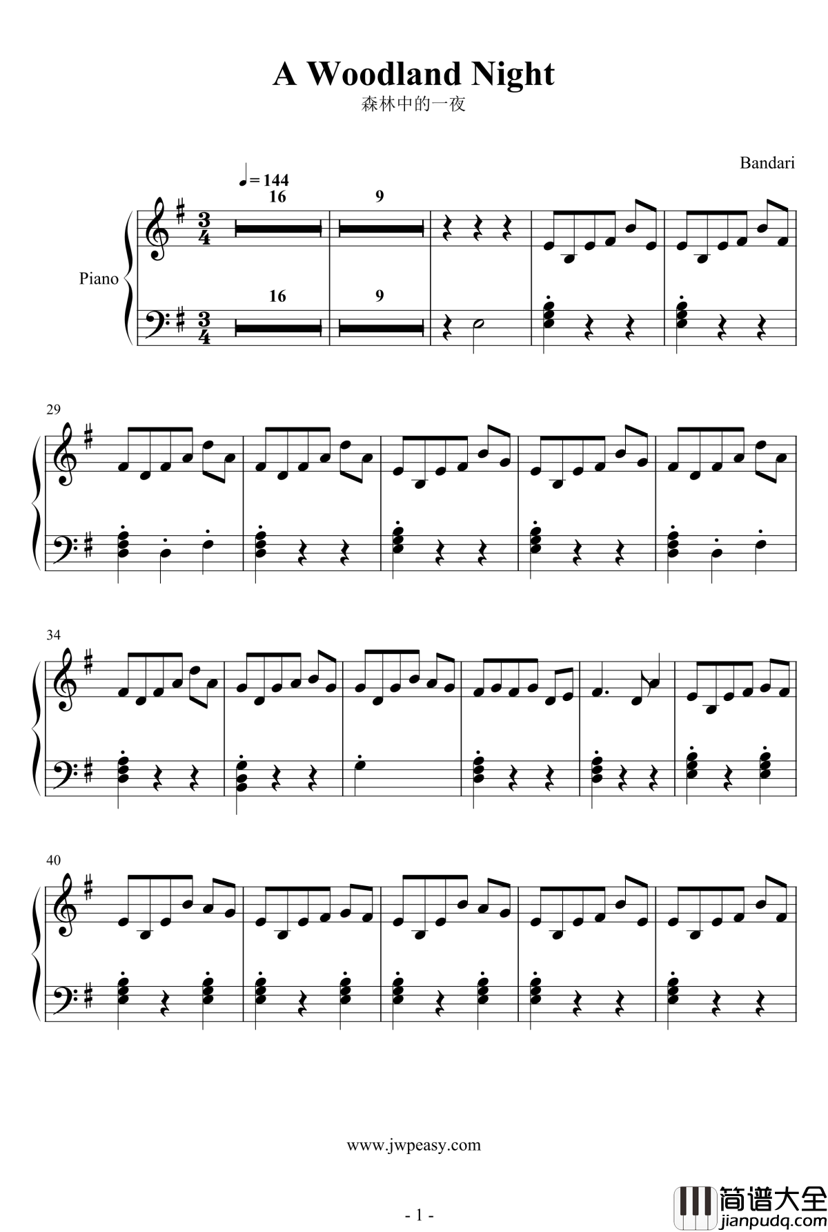 A_Woodland_Night钢琴谱_Piano_班得瑞_Bandari