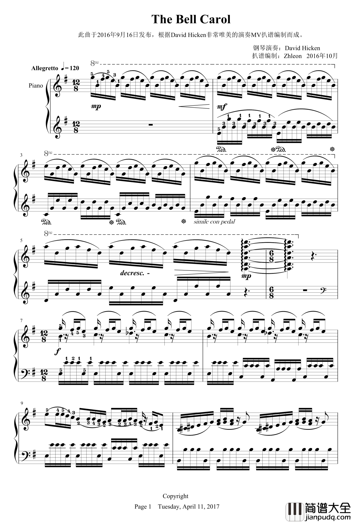 The_Bell_Carol钢琴谱_David_Hicken