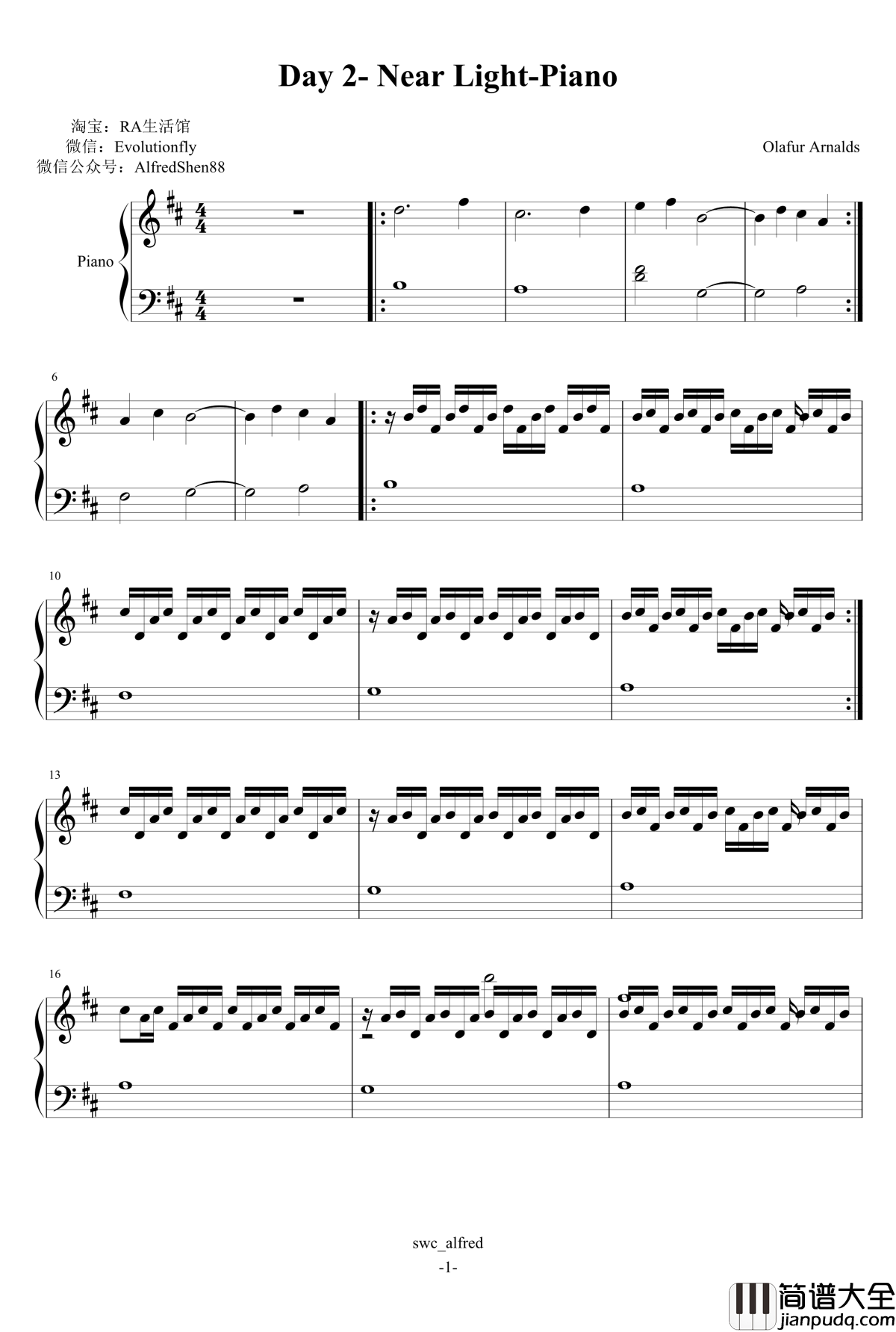 Day_2_Near_Light钢琴谱_ólafur_Arnalds