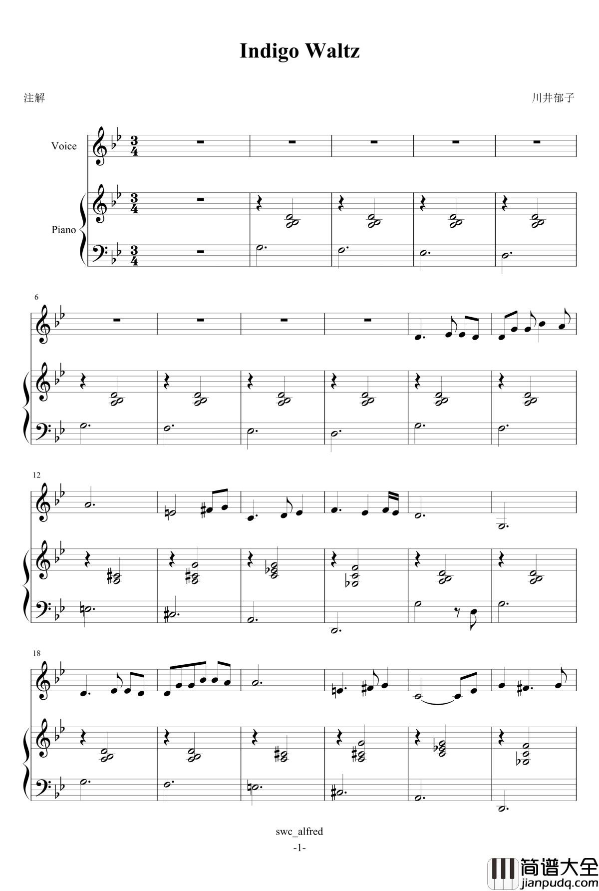 Indigo_Waltz钢琴谱_川井郁子