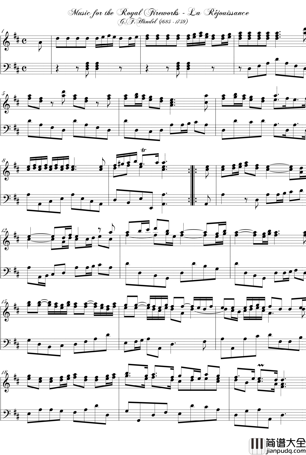 选自皇家烟火音乐钢琴谱_亨德尔_欢庆