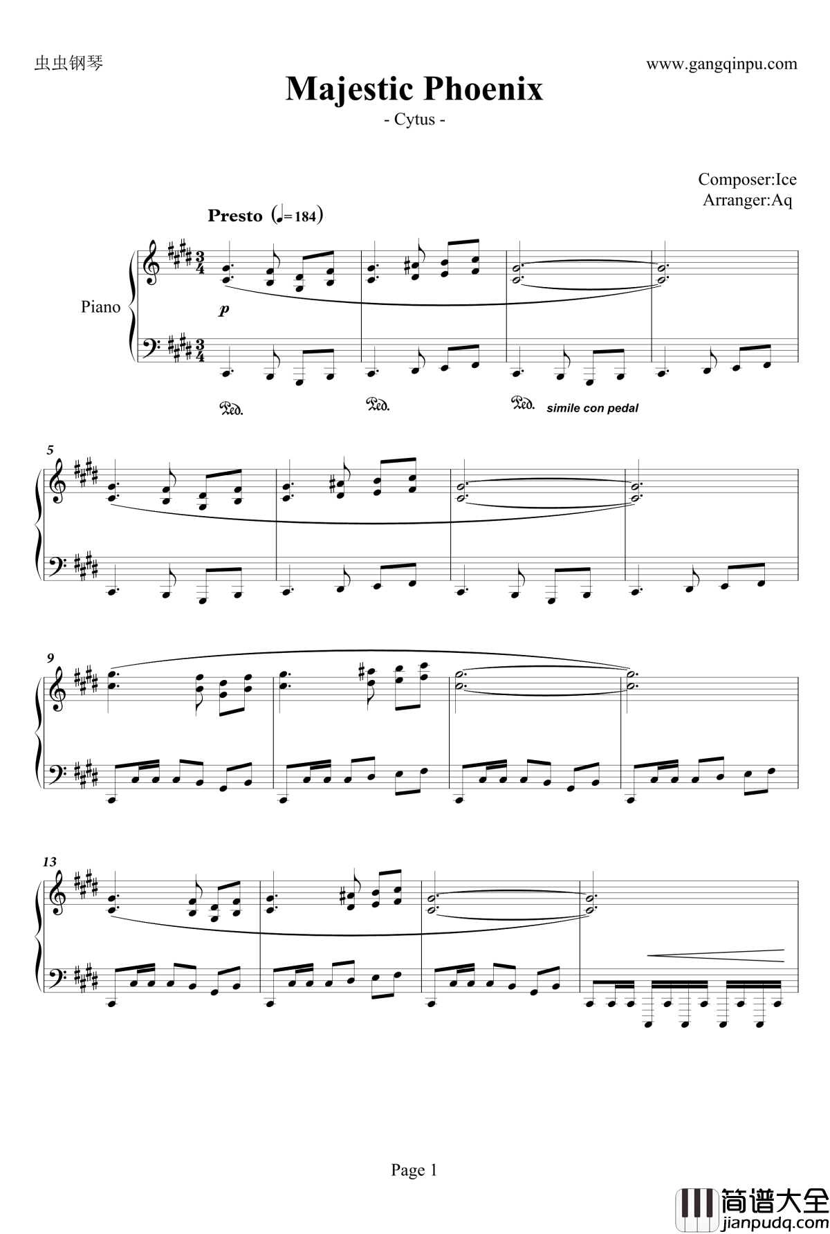 百鸟朝凰钢琴谱_Majestic_Phoenix_Cytus