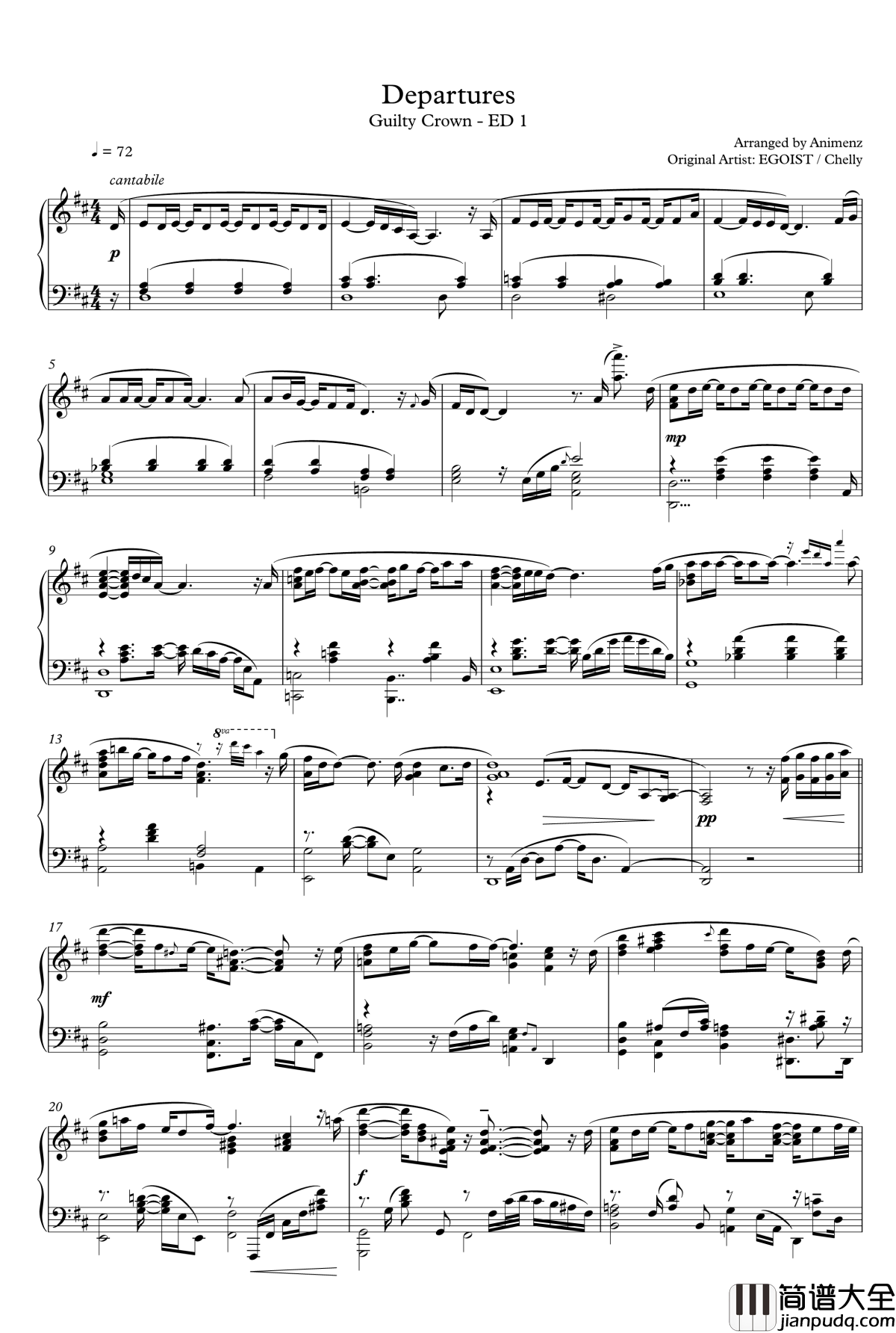 Departures钢琴谱_罪恶王冠_ED1_Animenz