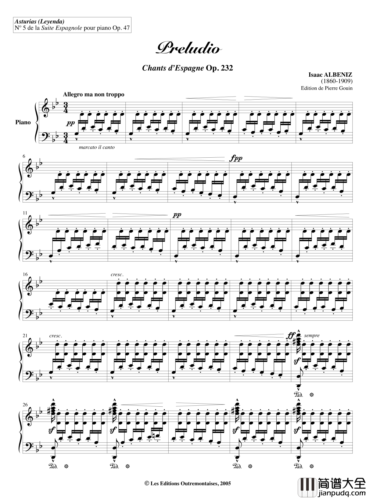阿斯图拉斯的传说钢琴谱_Asturias_伊萨克·阿尔贝尼兹