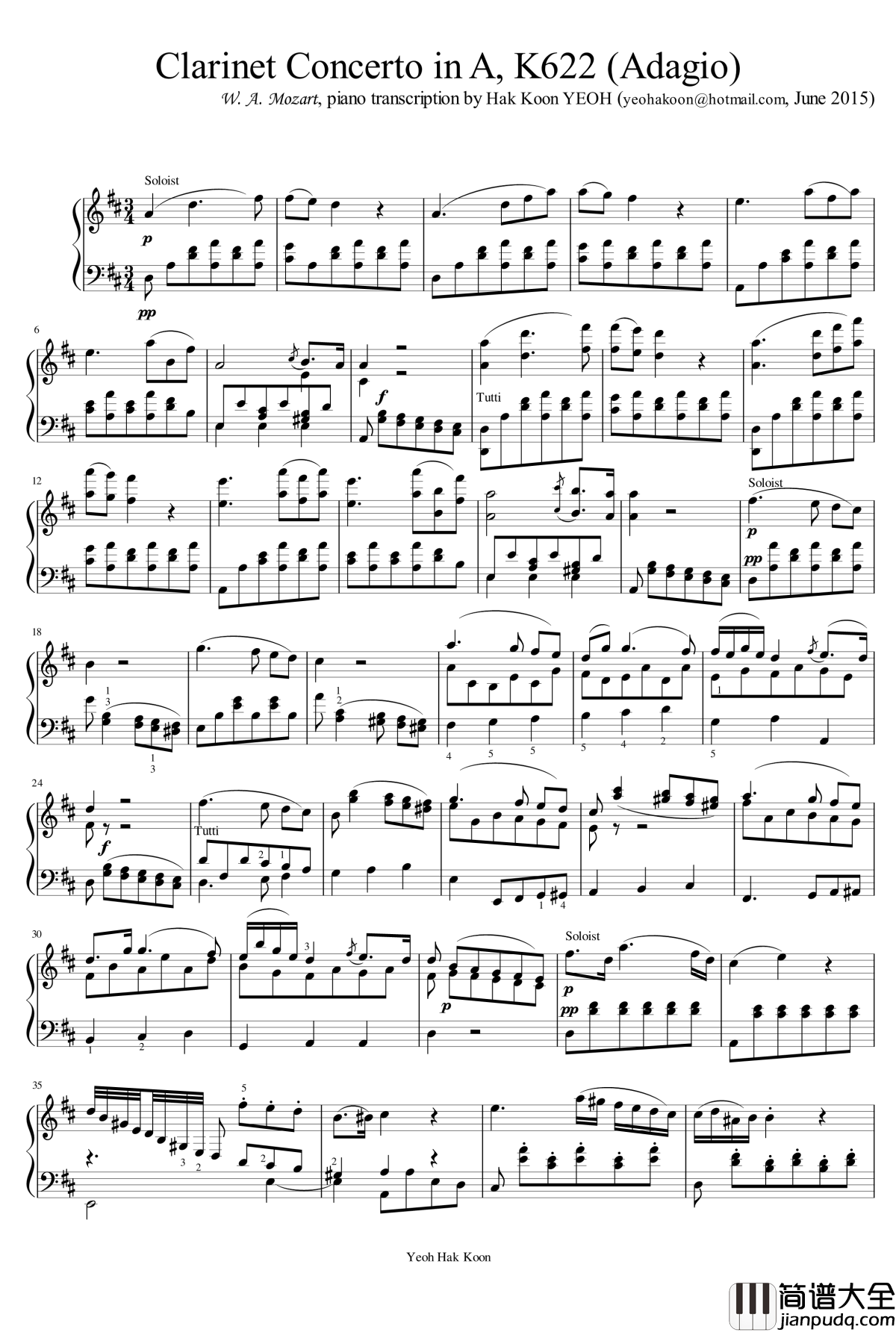 A大调单簧管协奏曲K.622钢琴谱_第二乐章_莫扎特