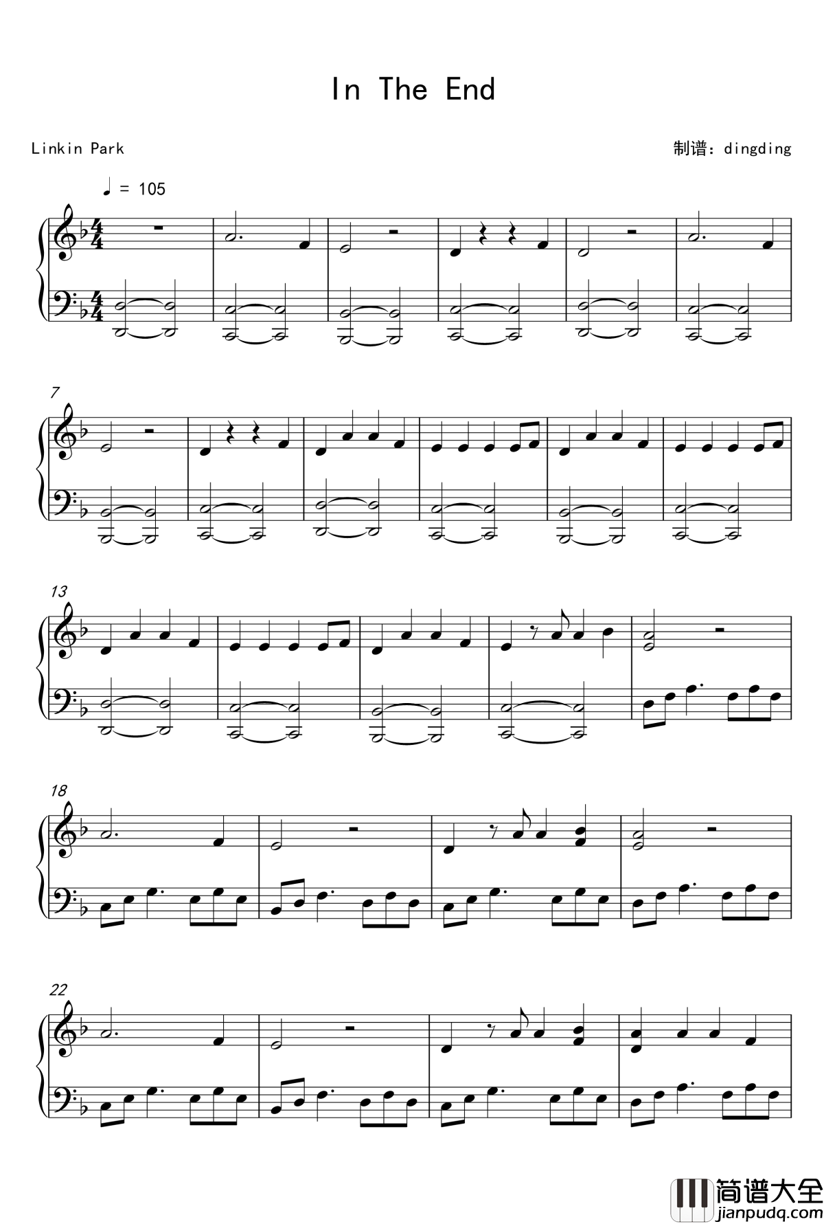 in_the_end钢琴谱_林肯公园_Linkin_Park