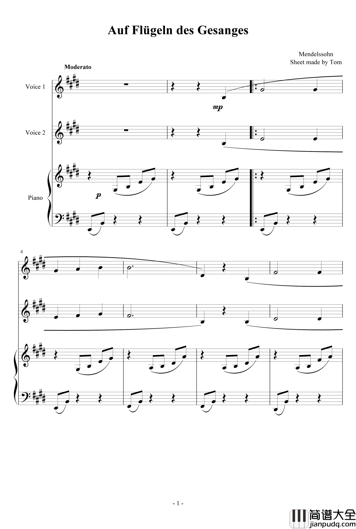 乘着歌声的翅膀_钢琴谱_钢琴_双声部合唱_门德尔松