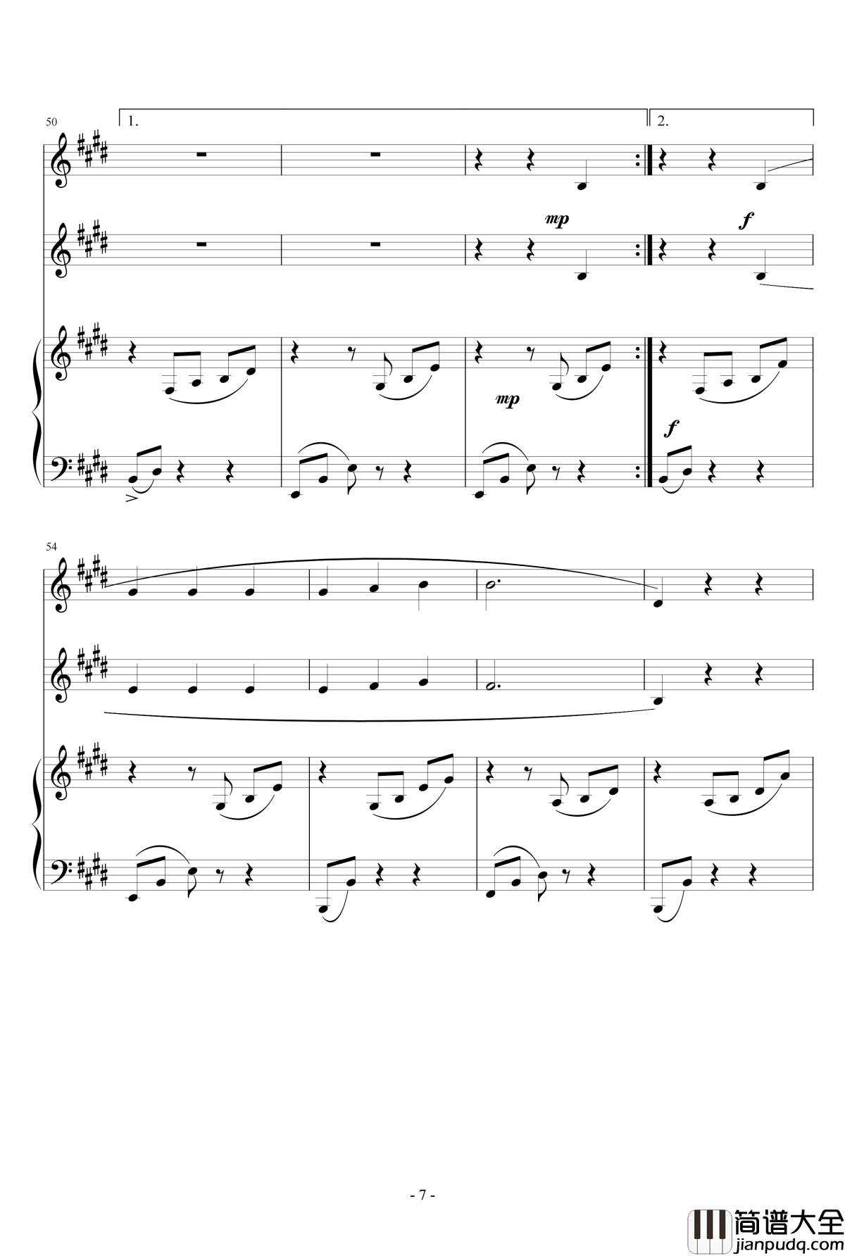 乘着歌声的翅膀_钢琴谱_钢琴_双声部合唱_门德尔松