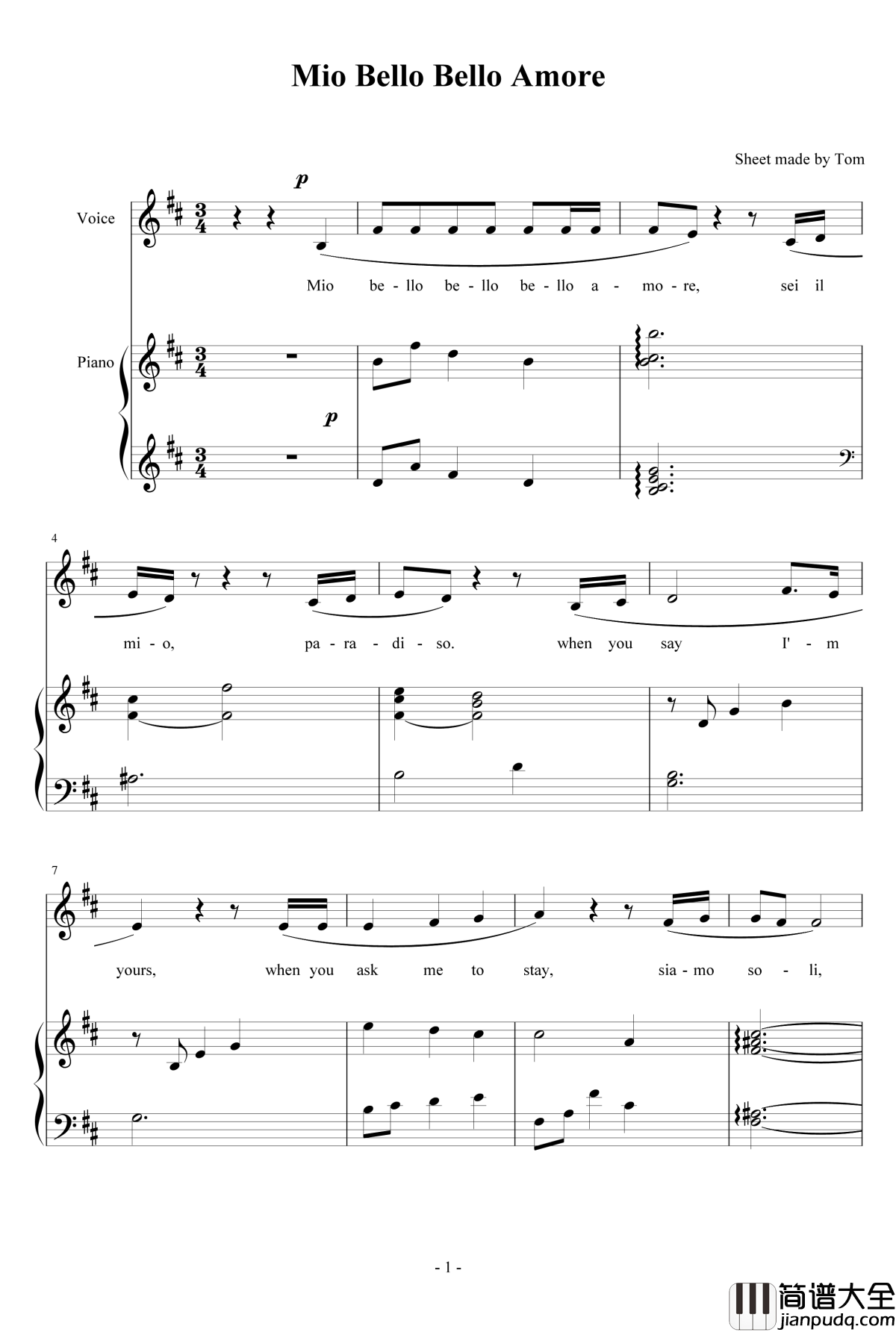 Mio_Bello_Bello_Amore钢琴谱_Cirque_du_Soleil_Cirque_du_Soleil