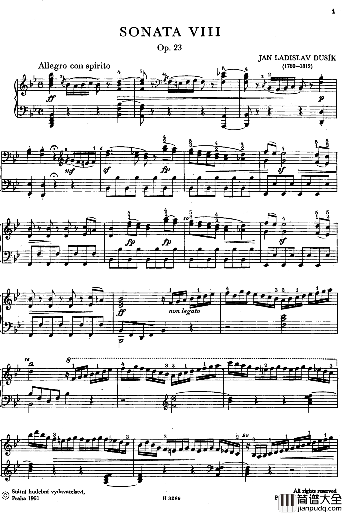 降B大调第八钢琴奏鸣曲Op.23钢琴谱_杜舍克