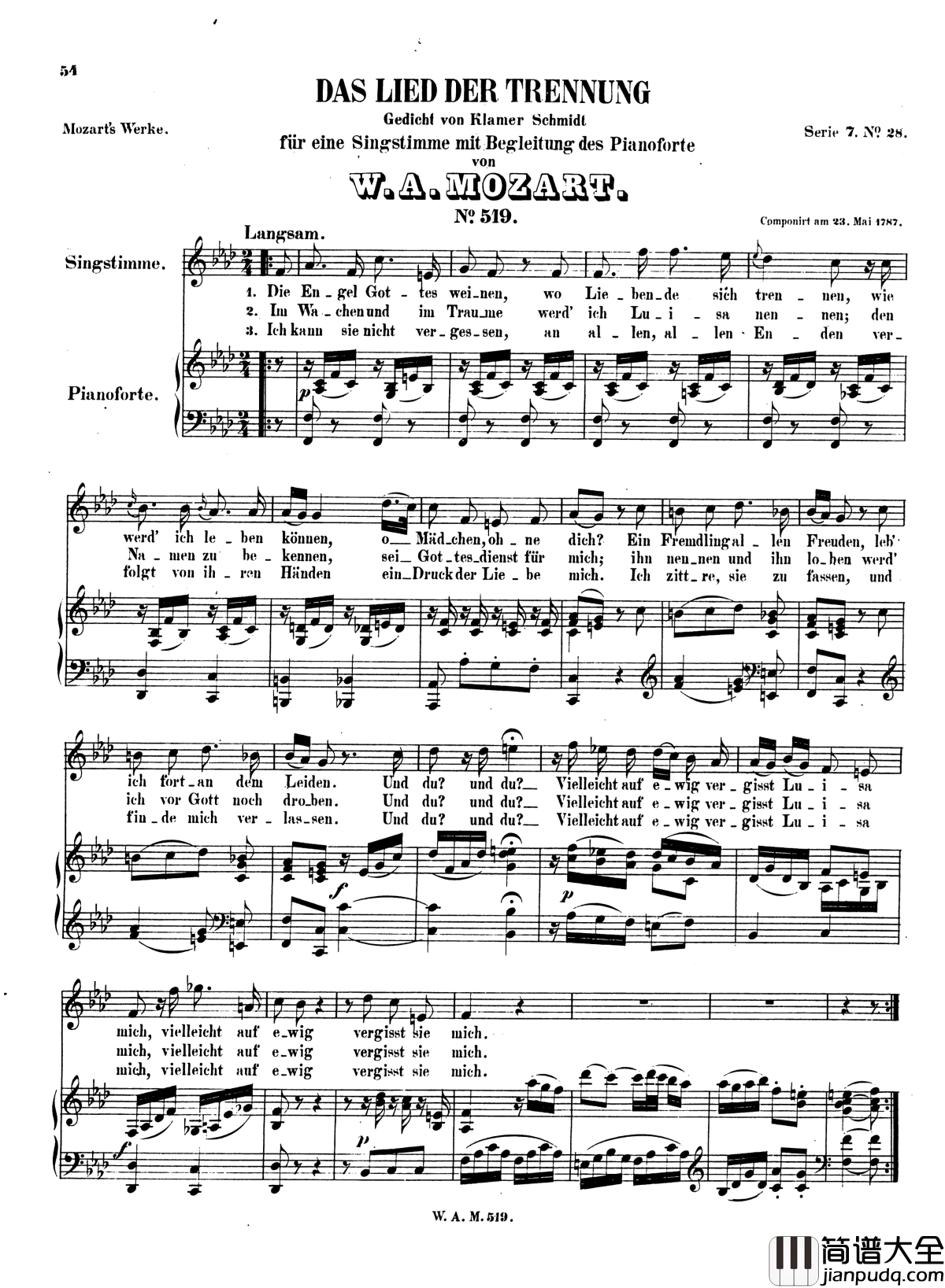 莫扎特____离别之歌_____K.519_莫扎特_钢琴谱