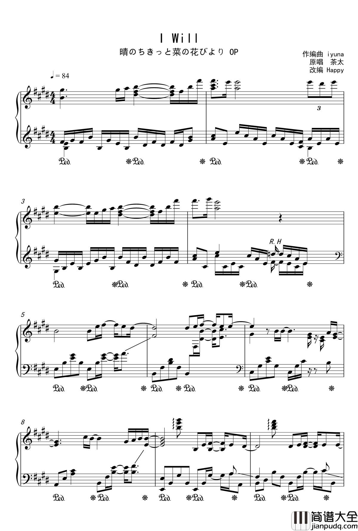 I_Will钢琴谱_晴れのちきっと菜の花びより